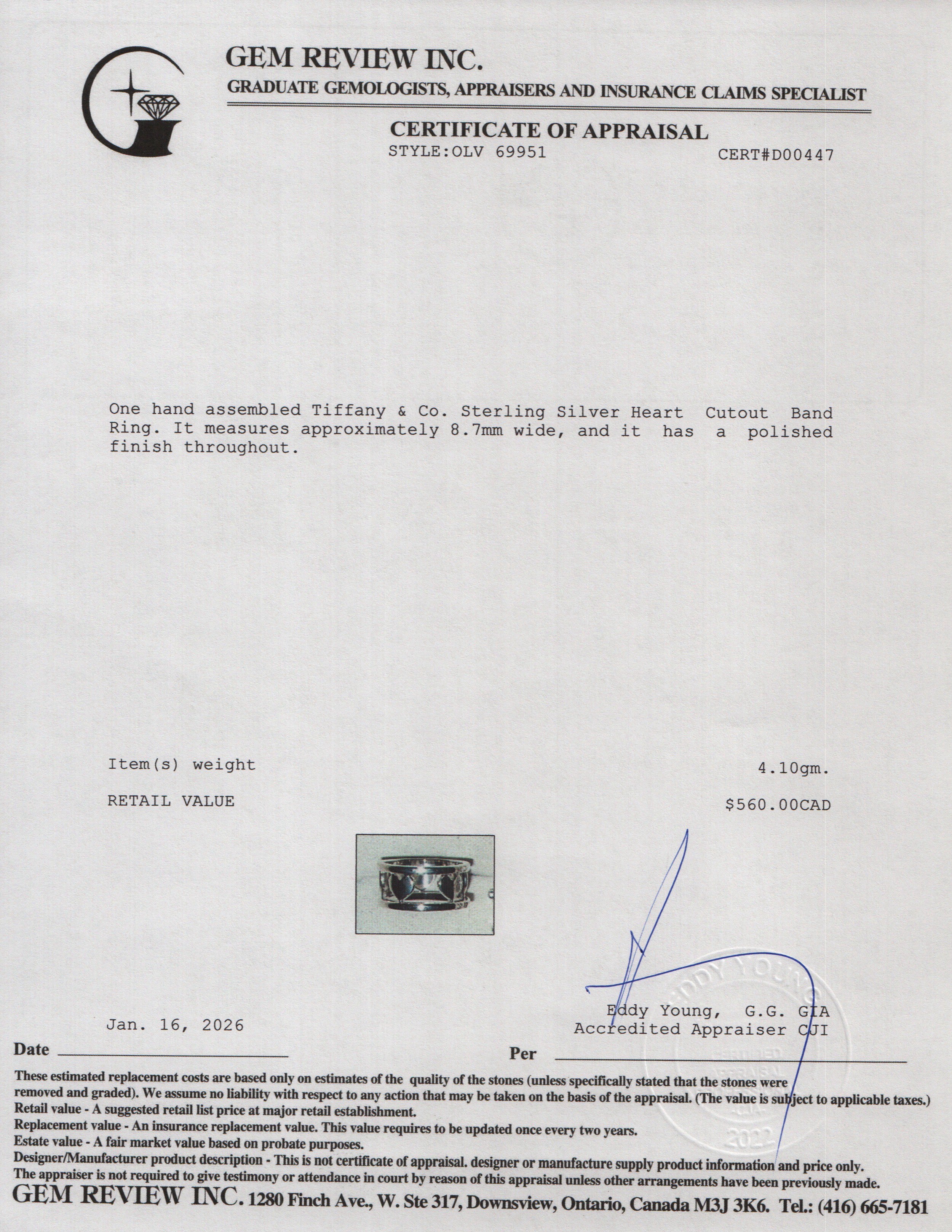 Tiffany & Co. Sterling Silver Heart Cutout Band Ring, Size 4.75