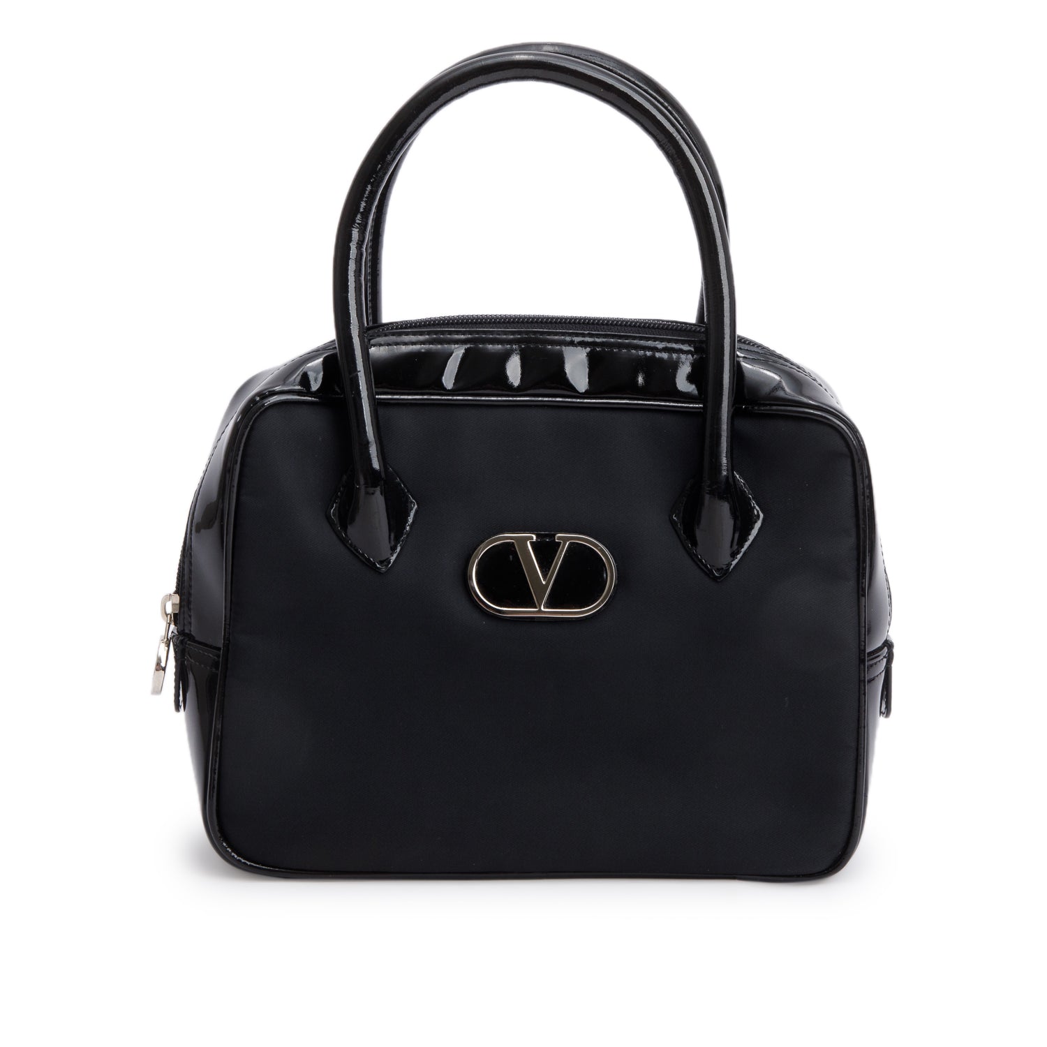 Valentino Black Nylon Patent Leather Top Handle Bag