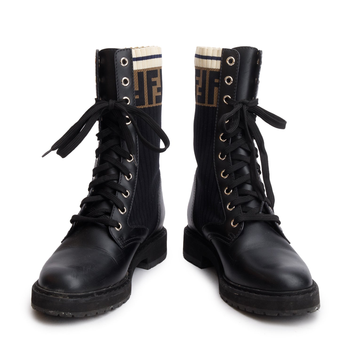 Fendi 2024 Black Calfskin Stretch Fabric Rockoko Biker Boots, Size 36 w/ Box & Receipt