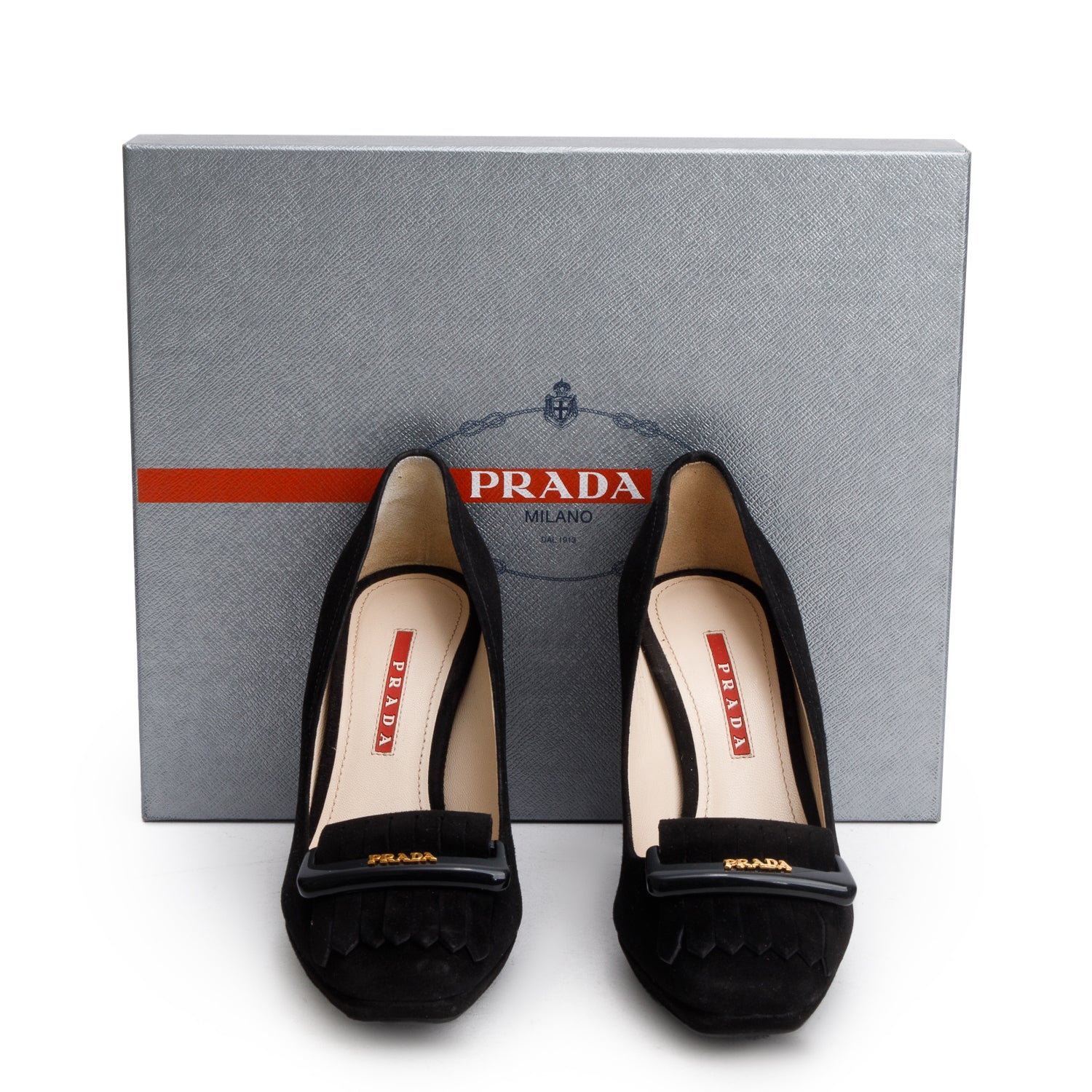 Prada Black Suede Fringe Accent Pumps, Size 6.5 w/ Box
