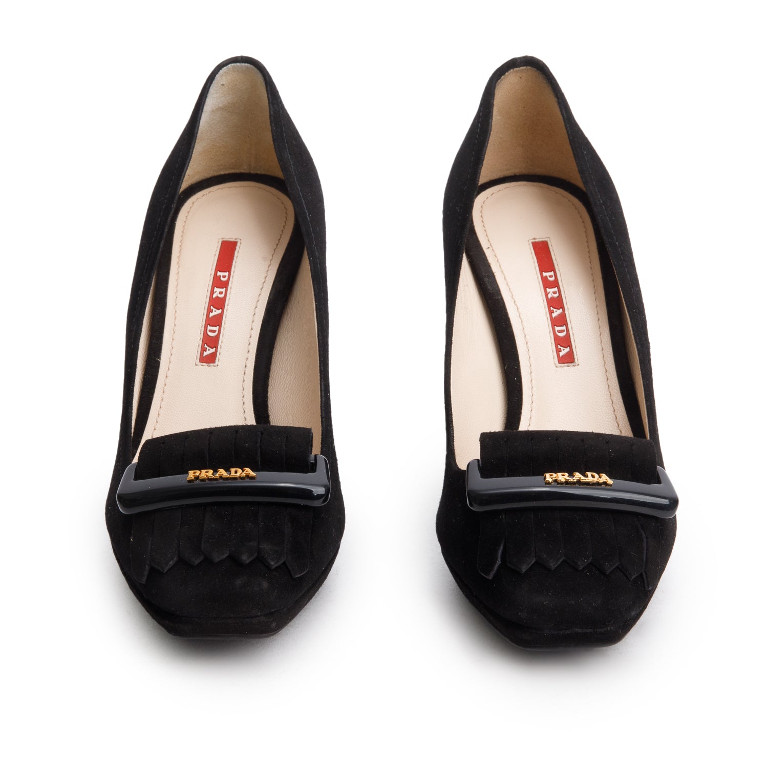 Prada Black Suede Fringe Accent Pumps, Size 6.5 w/ Box