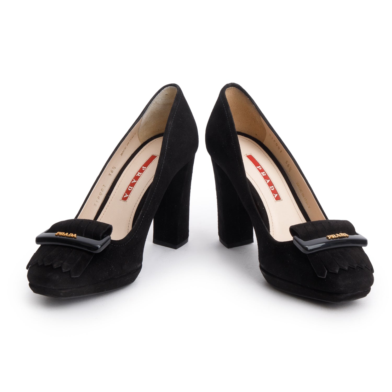 Prada Black Suede Fringe Accent Pumps, Size 6.5 w/ Box