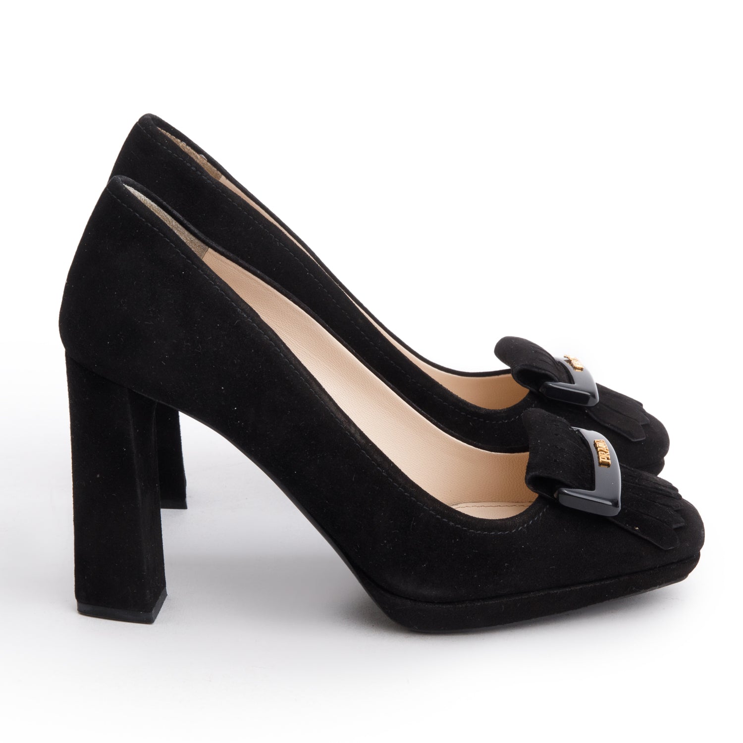 Prada Black Suede Fringe Accent Pumps, Size 6.5 w/ Box