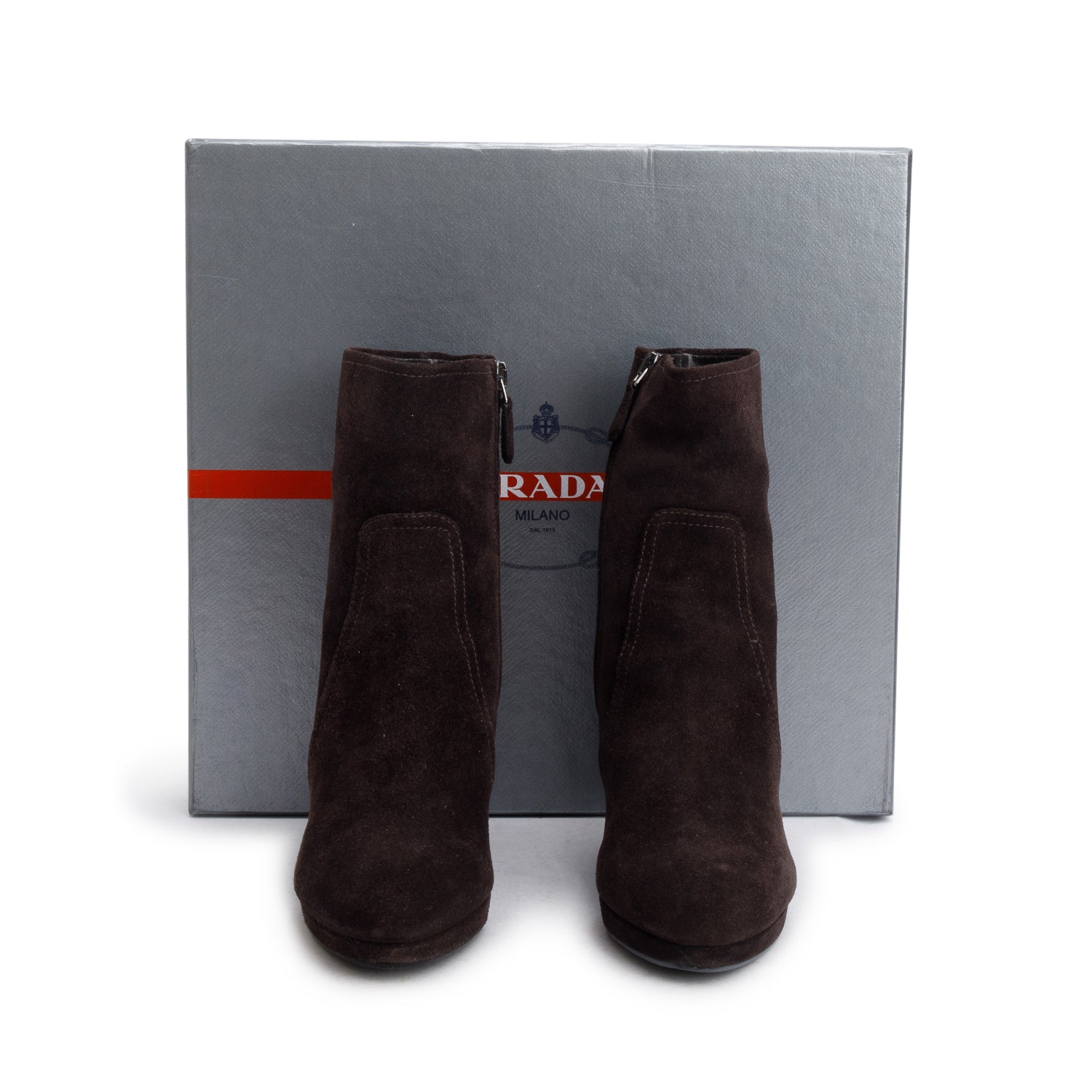 Prada Brown Suede Wedge Booties, Size 35 w/ Box