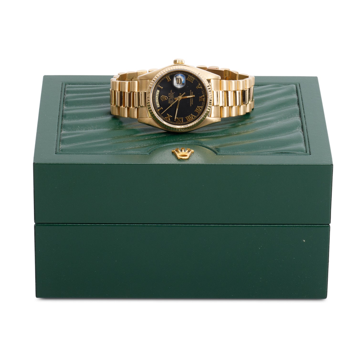 Rolex 18k Yellow Gold Day Date 36 MM President Watch Black Roman Dial 18038 w/ Box