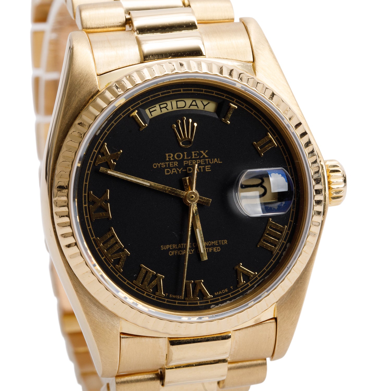 Rolex 18k Yellow Gold Day Date 36 MM President Watch Black Roman Dial 18038 w/ Box
