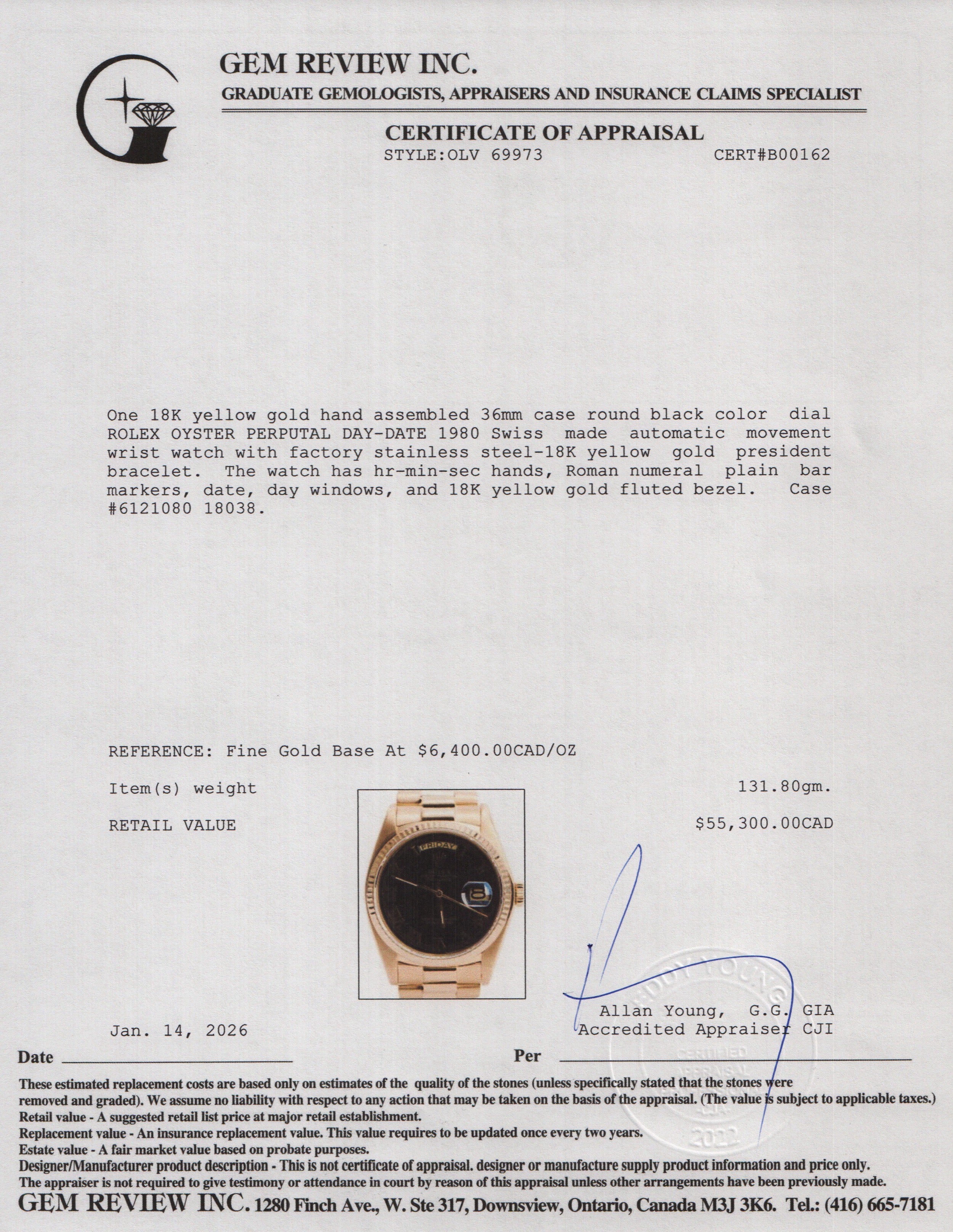 Rolex 18k Yellow Gold Day Date 36 MM President Watch Black Roman Dial 18038 w/ Box