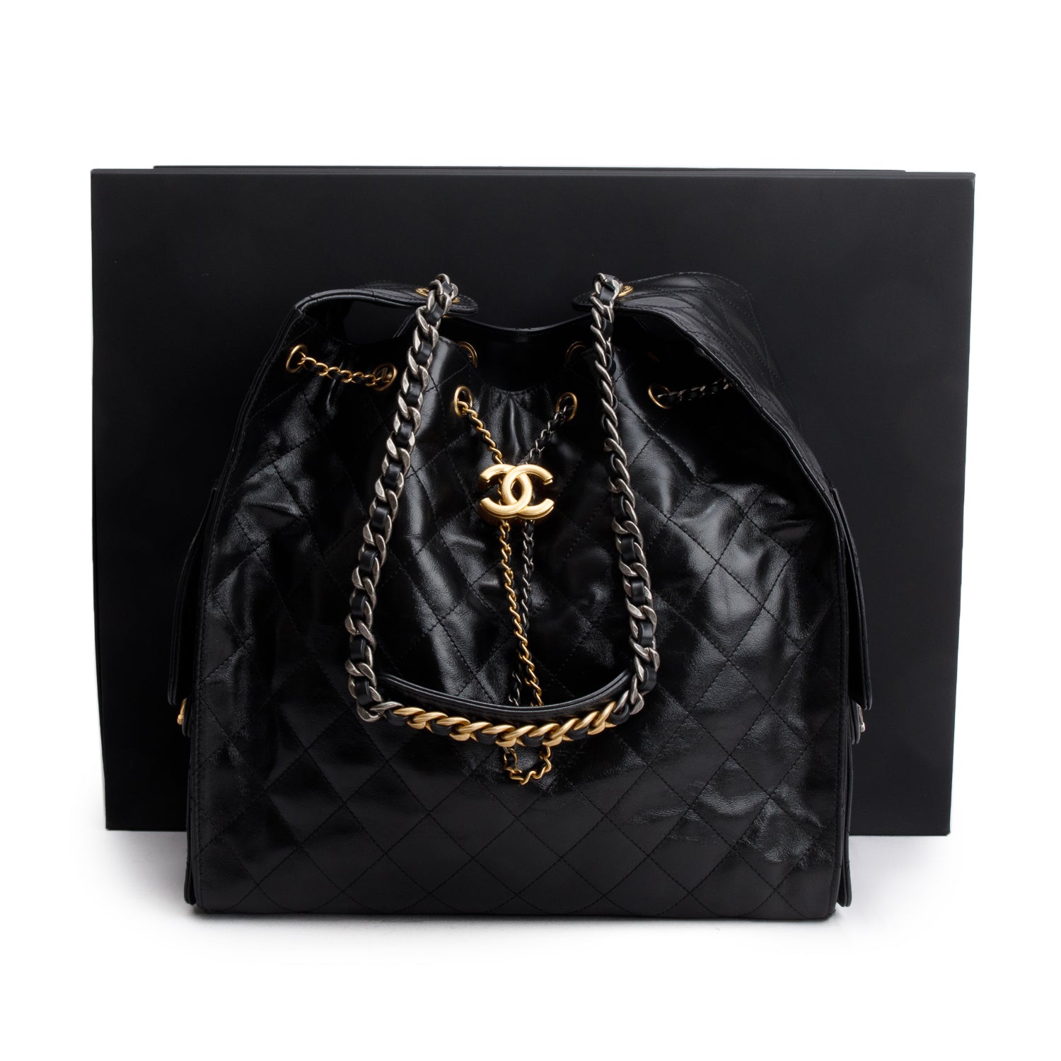 Chanel Black Grained Lambskin Medium 25 Handbag w/ Box