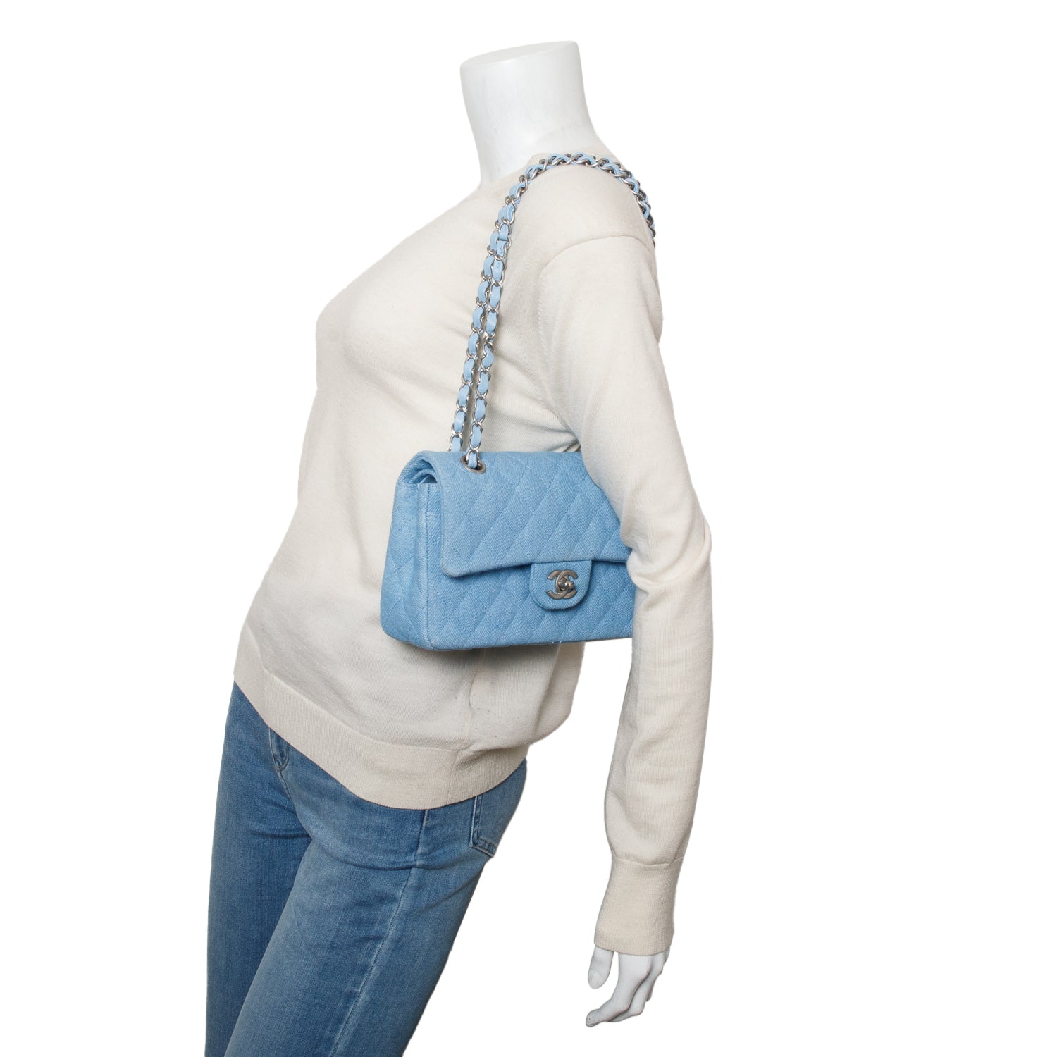 Chanel Blue Denim Quilted Small Double Flap Bag w/ Box