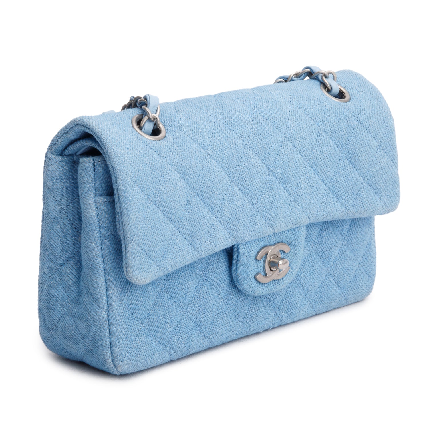 Chanel Blue Denim Quilted Small Double Flap Bag w/ Box