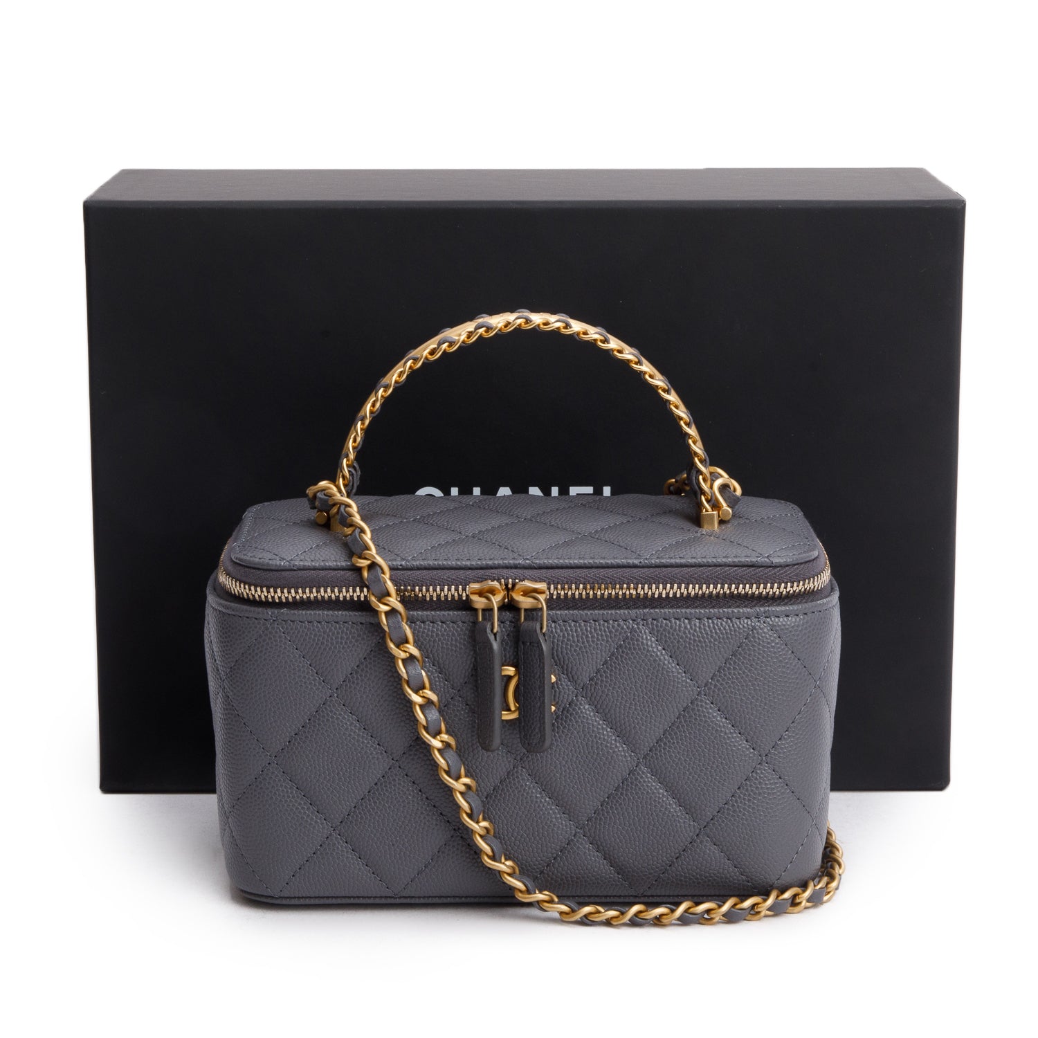 Chanel 2025 Grey Caviar Top Handle Long Vanity w/ Box & Receipt