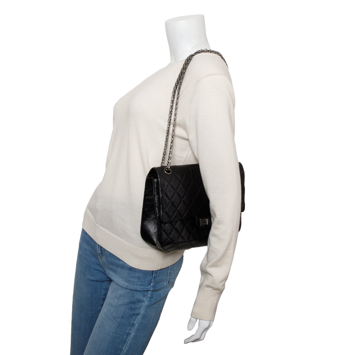 Chanel Black Aged Calfskin Leather 2.55 Reissue 226 Double Flap Bag w/ Authenticity Card