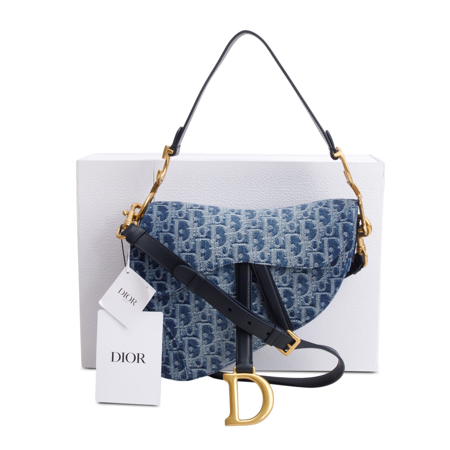 Christian Dior 2024 Blue Denim Dior Oblique Jacquard Saddle Bag w/ Box, Strap & Authenticity Card