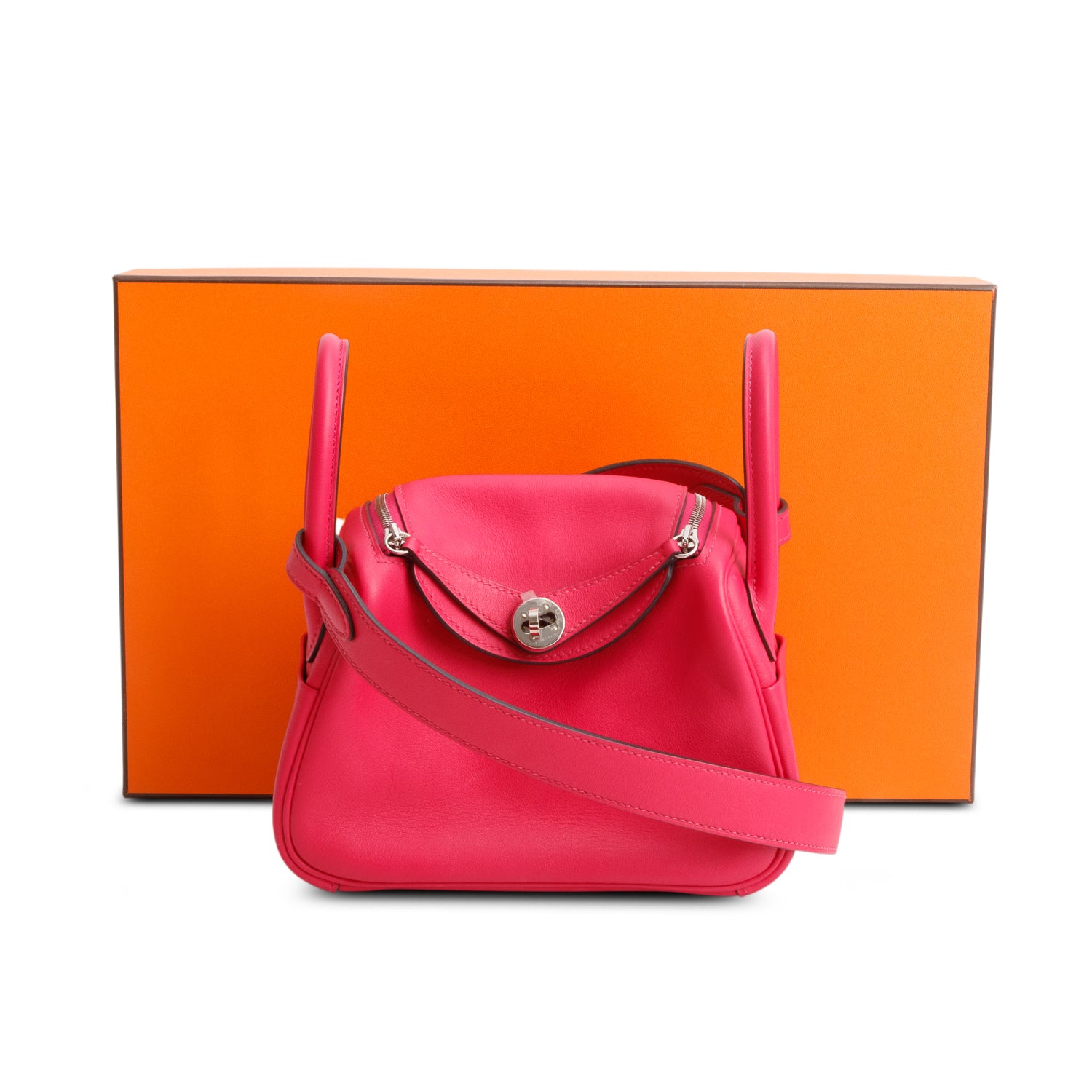 Hermes 2021 Rose Tyrien Rouge Vif Swift Leather Lindy Mini 20 w/ Box