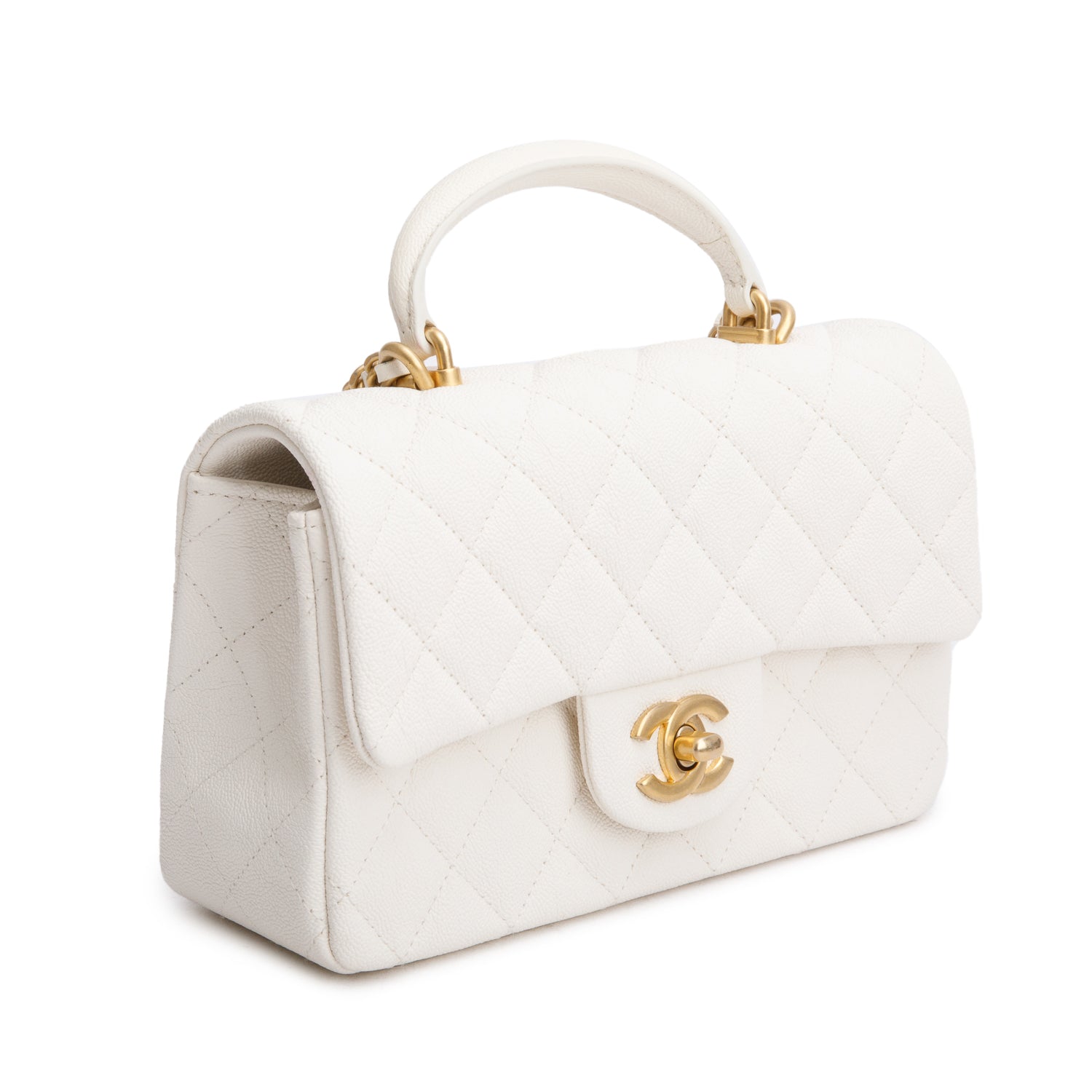 Chanel 2021 White Caviar Quilted Mini Top Handle Rectangular Bag w/ Authenticity Card
