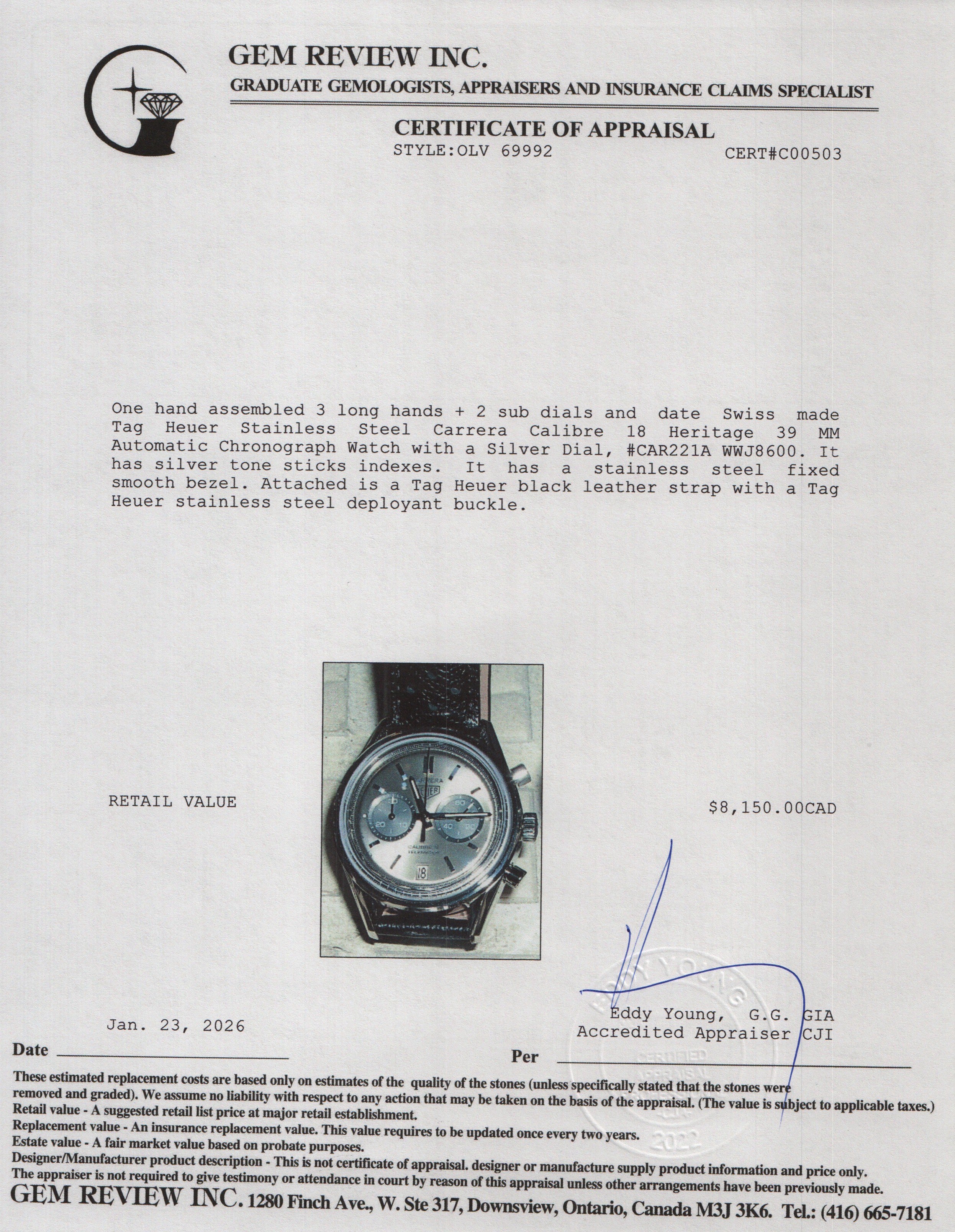 Tag Heuer Stainless Steel Carrera Calibre 18 Heritage 39 MM Automatic Chronograph Watch Silver Dial CAR221A w/ Box & Papers