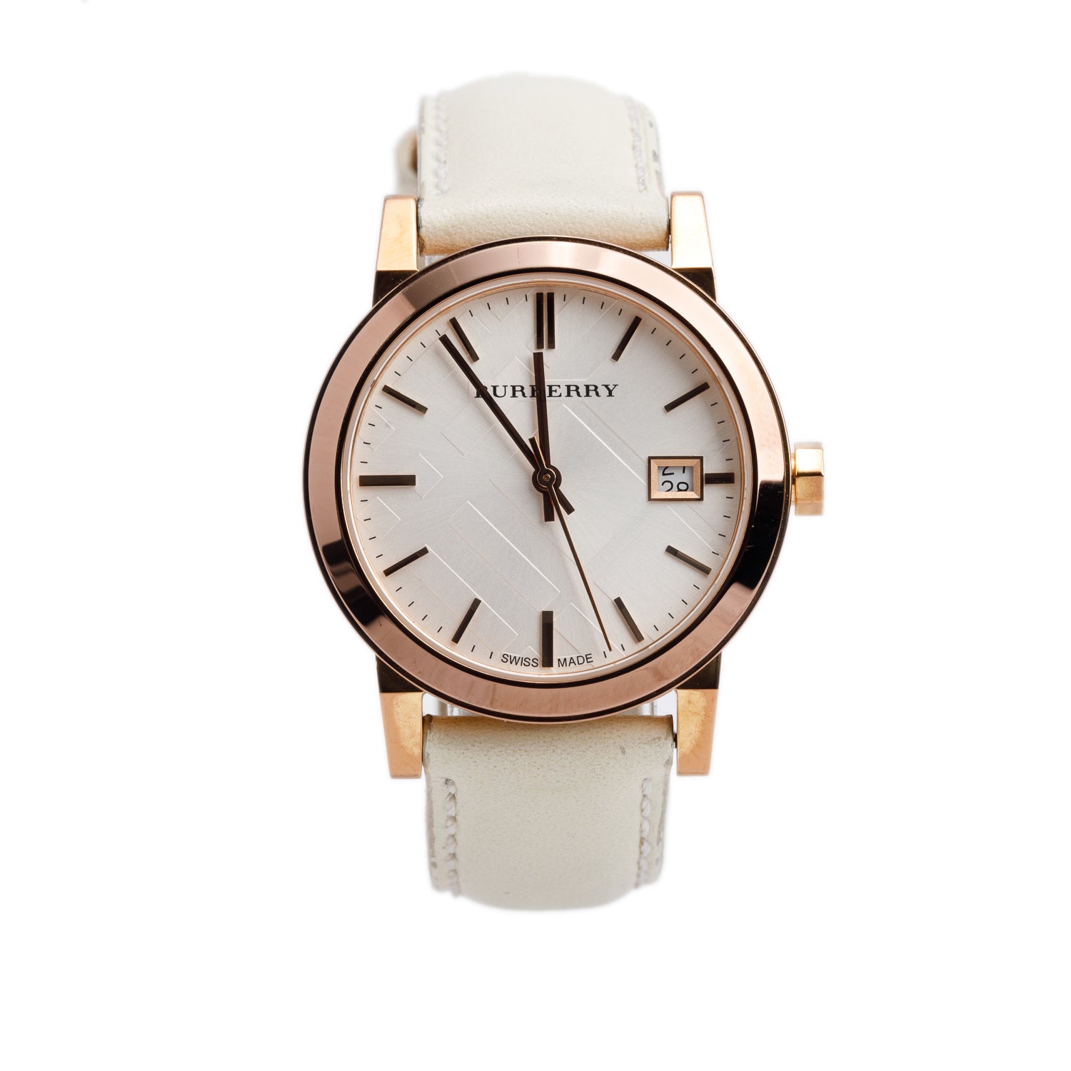 Burberry Rose Gold Plated Stainless Steel BU9108 34 MM The City Quartz Watch Check Silver Dial w/ Box