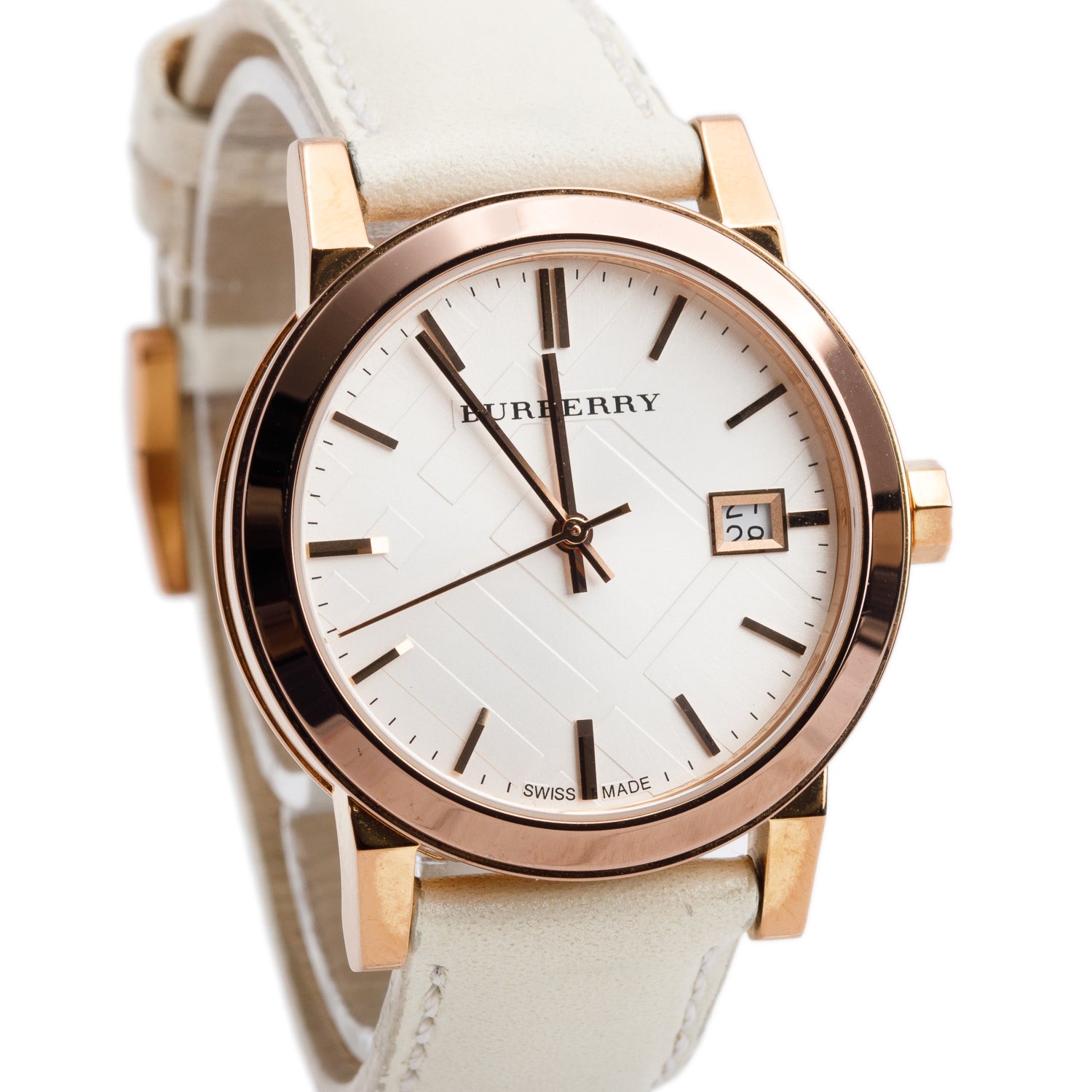Burberry Rose Gold Plated Stainless Steel BU9108 34 MM The City Quartz Watch Check Silver Dial w/ Box