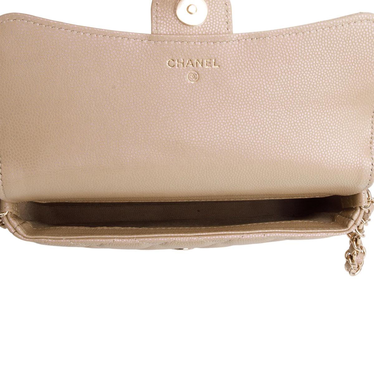 Chanel 2021 Beige Iridescent Caviar Quilted Phone Holder Wallet on Chain