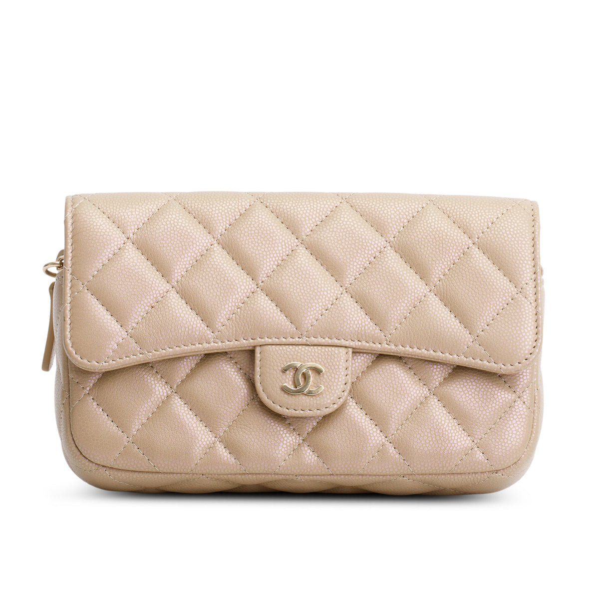Chanel 2021 Beige Iridescent Caviar Quilted Phone Holder Wallet on Chain