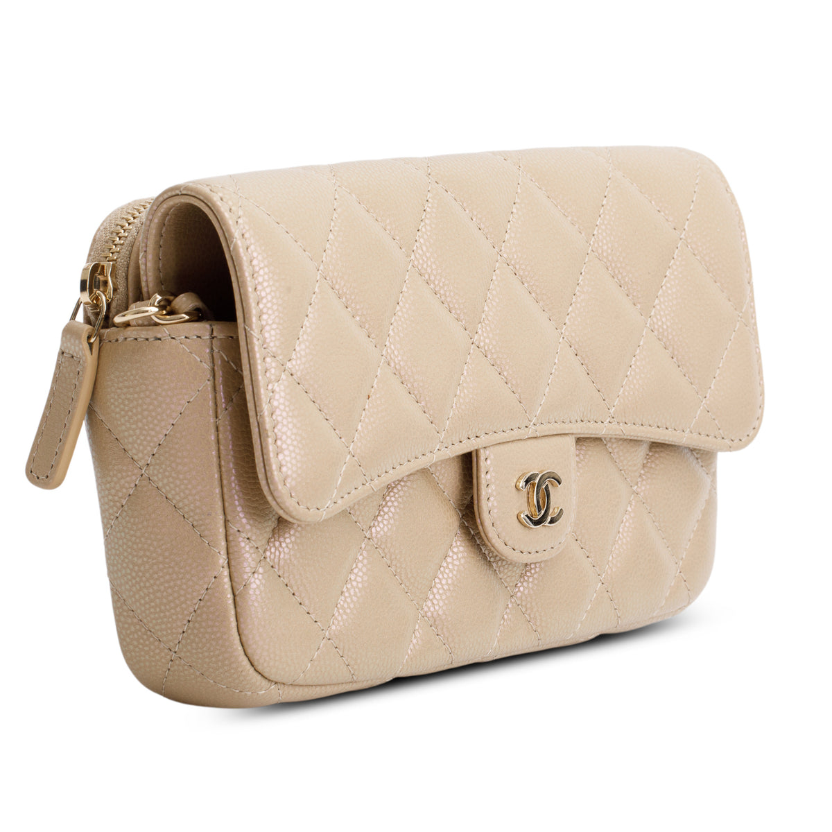 Chanel 2021 Beige Iridescent Caviar Quilted Phone Holder Wallet on Chain