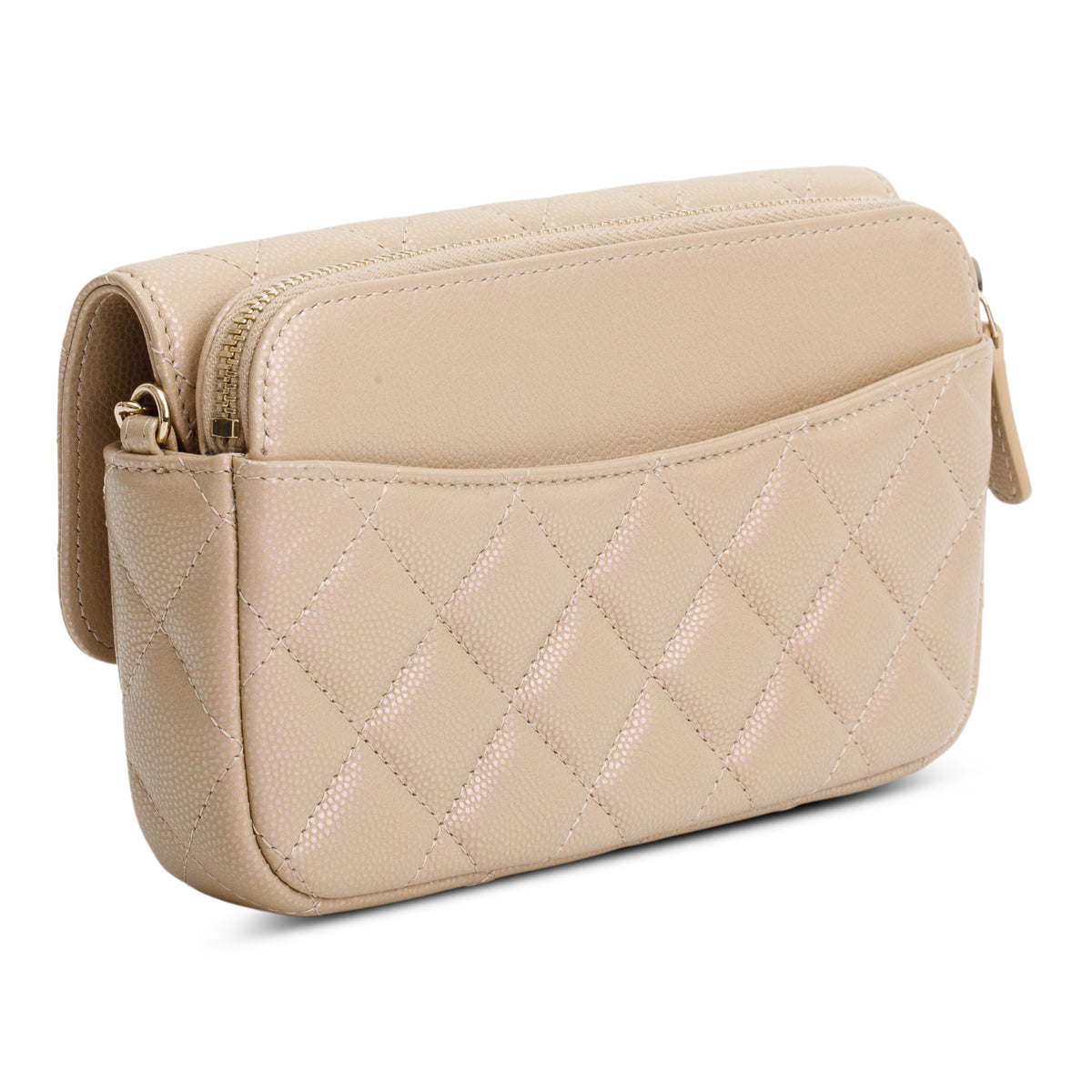 Chanel 2021 Beige Iridescent Caviar Quilted Phone Holder Wallet on Chain