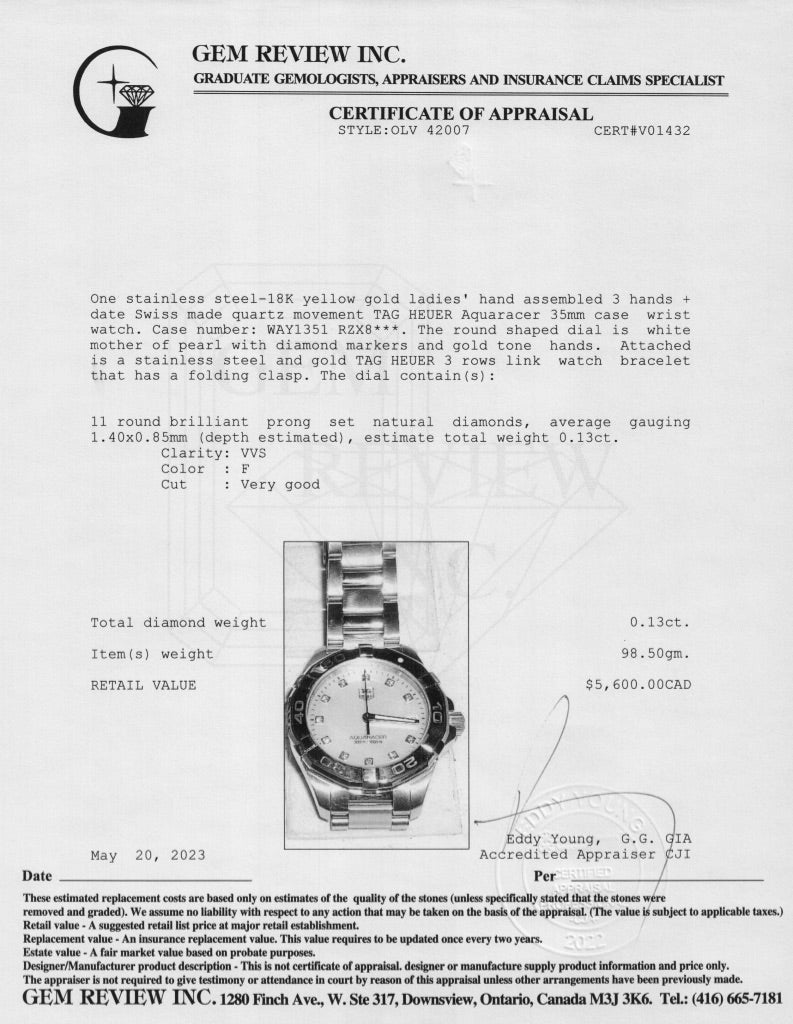 Tag Heuer Two-Tone Aquaracer Diamond Dial Quartz Watch w/ Box & Papers