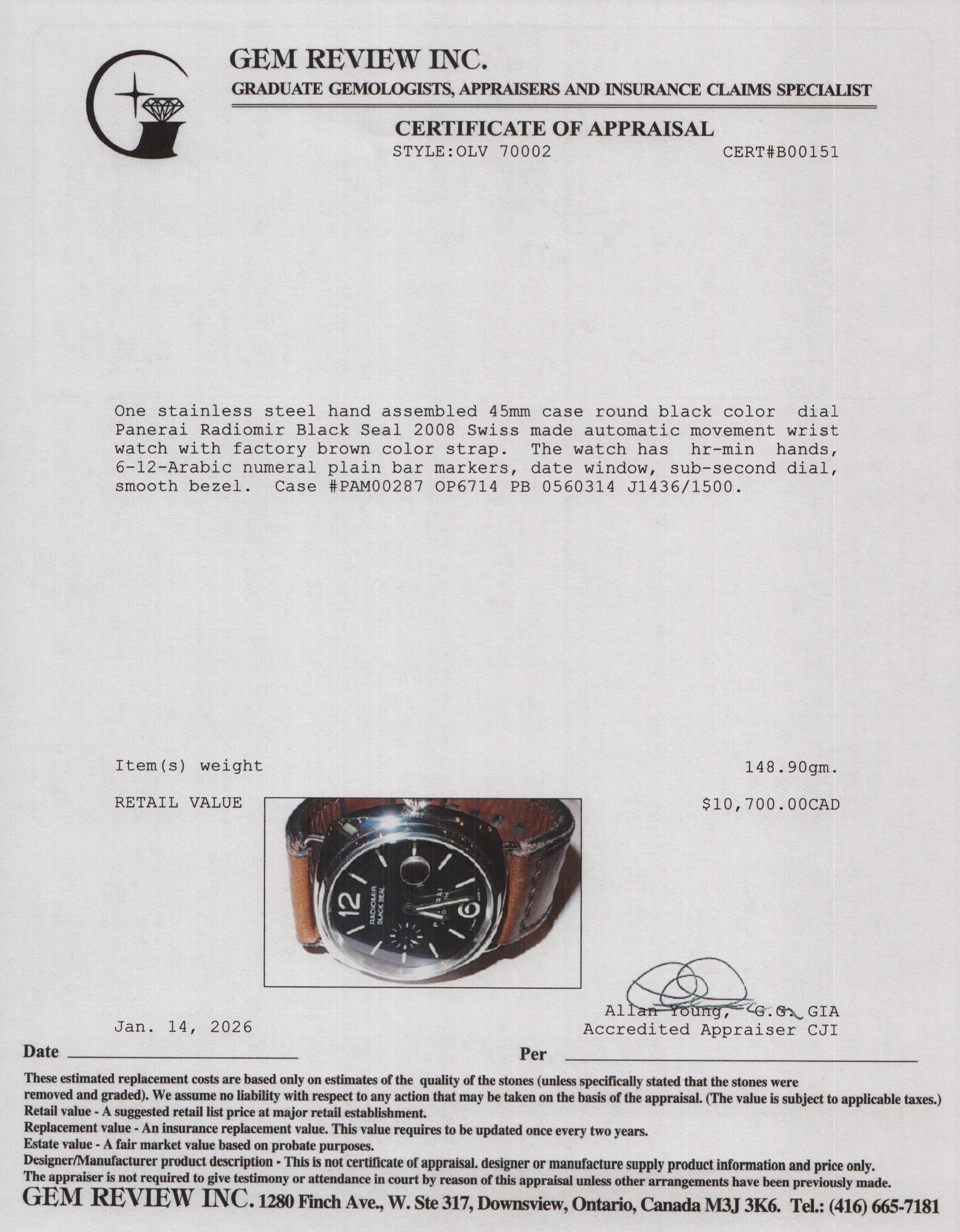 Panerai Stainless Steel Radiomir Black Seal 45 MM Automatic Watch Black Dial PAM00287 w/ Box & Papers