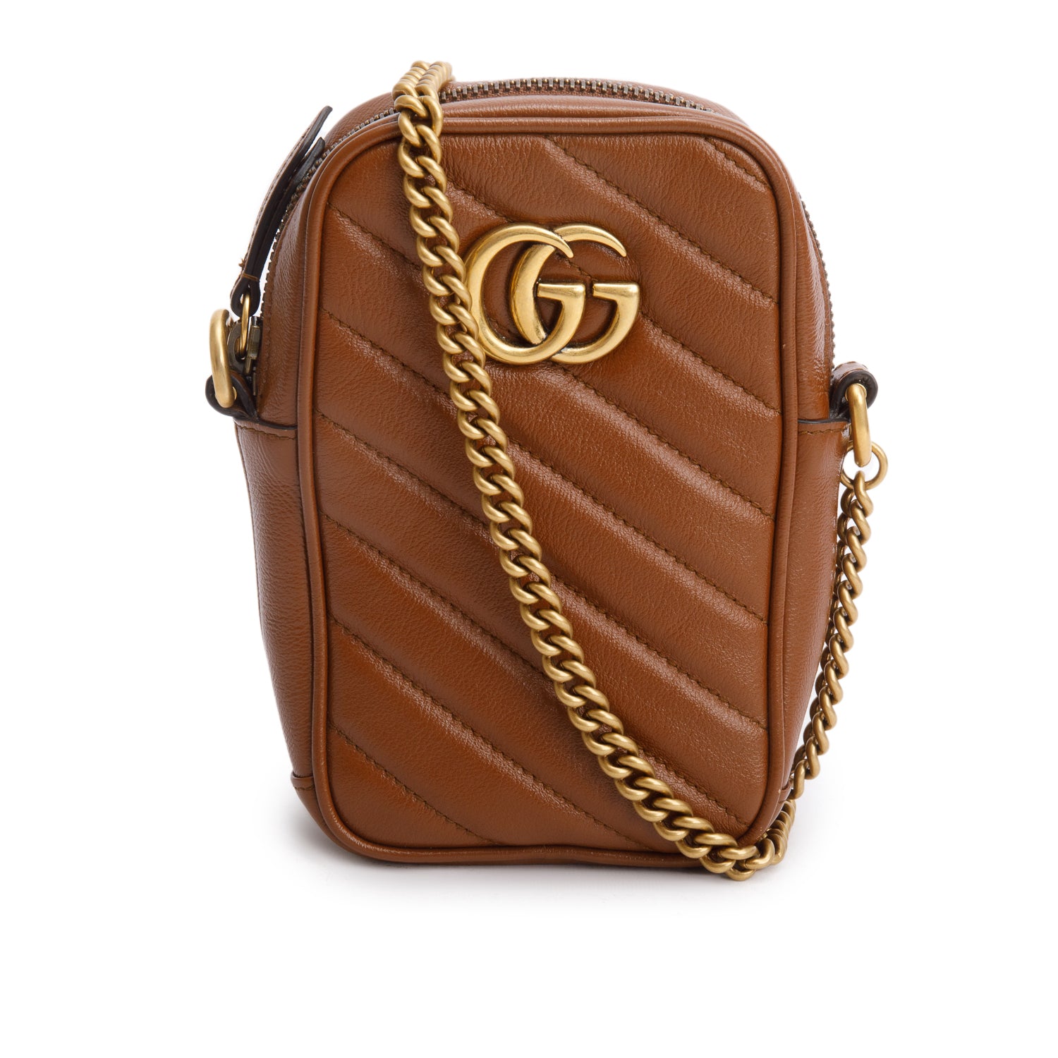 Gucci Brown Calfskin Matelasse Mini GG Marmont Chain Shoulder Bag
