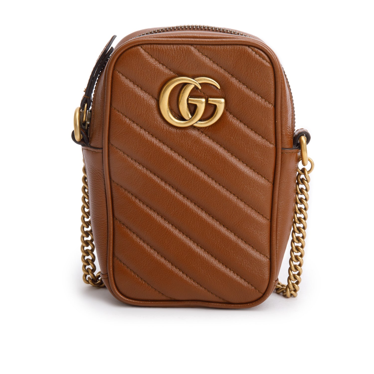 Gucci Brown Calfskin Matelasse Mini GG Marmont Chain Shoulder Bag
