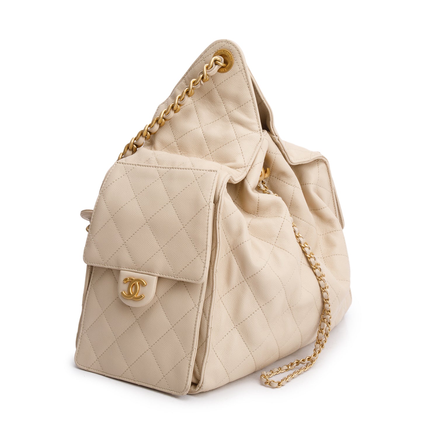 Chanel Beige Caviar Leather 25 Small Bucket Bag w/ Pouch