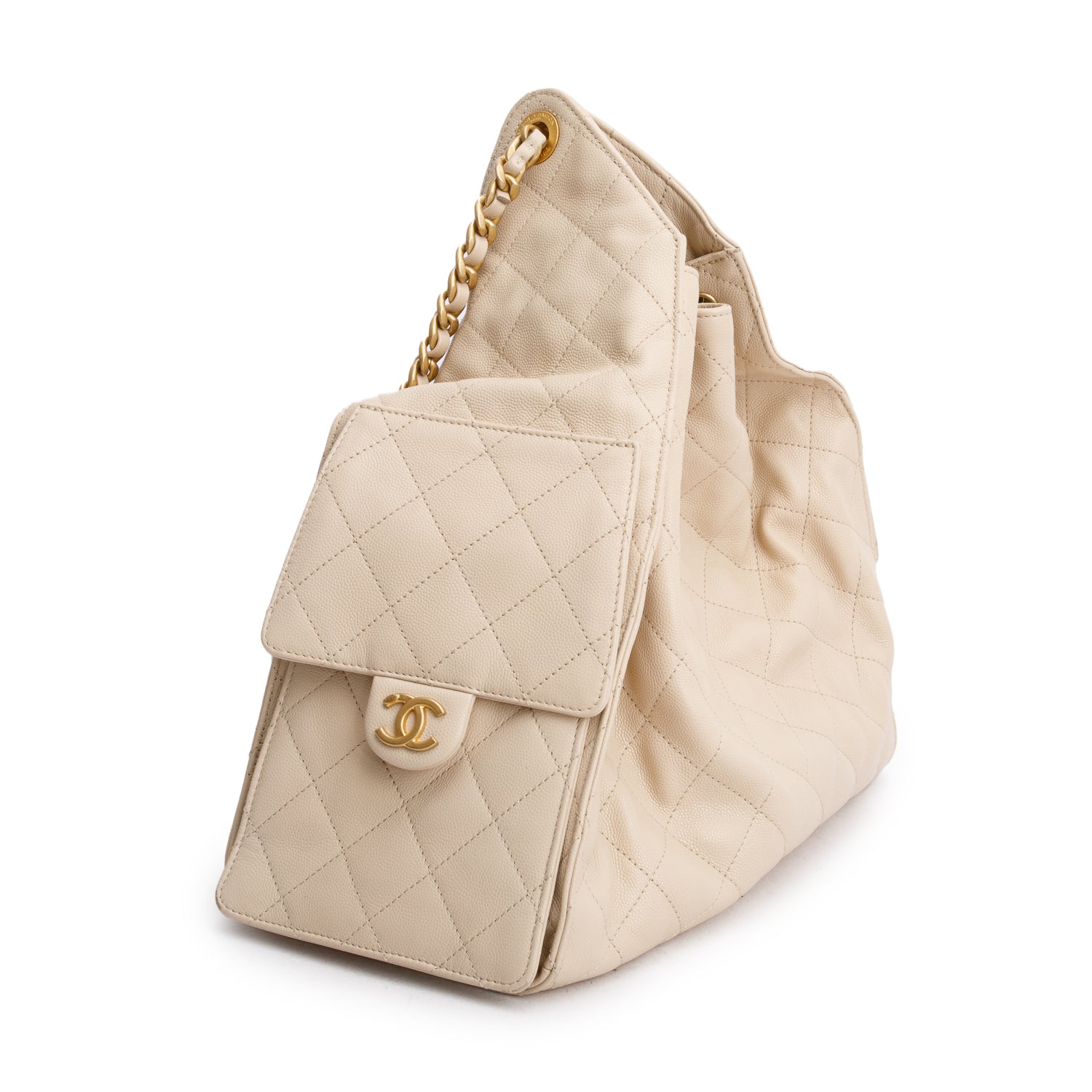 Chanel Beige Caviar Leather 25 Small Bucket Bag w/ Pouch