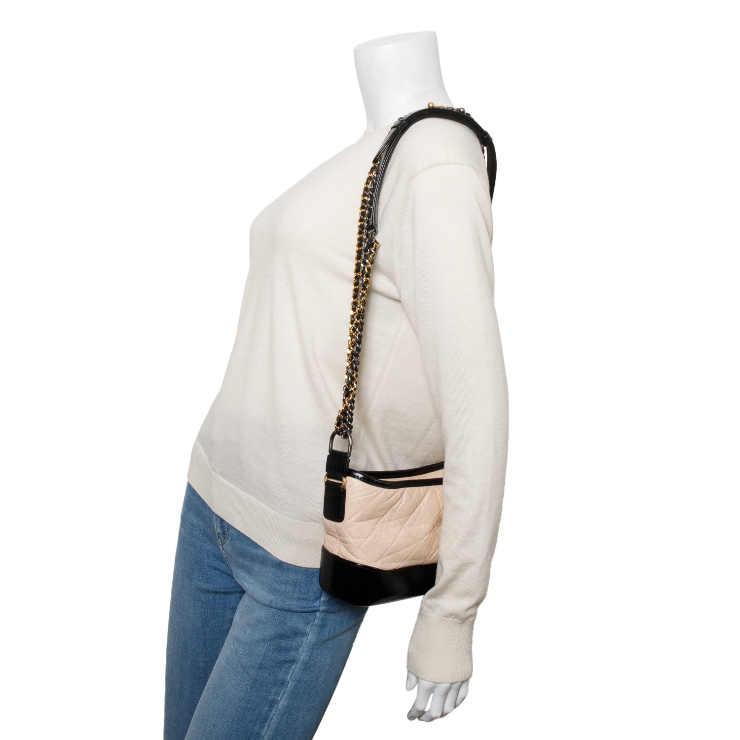 Chanel Black & Beige Aged Calfskin Leather Small Gabrielle Hobo w/ Authenticity Card