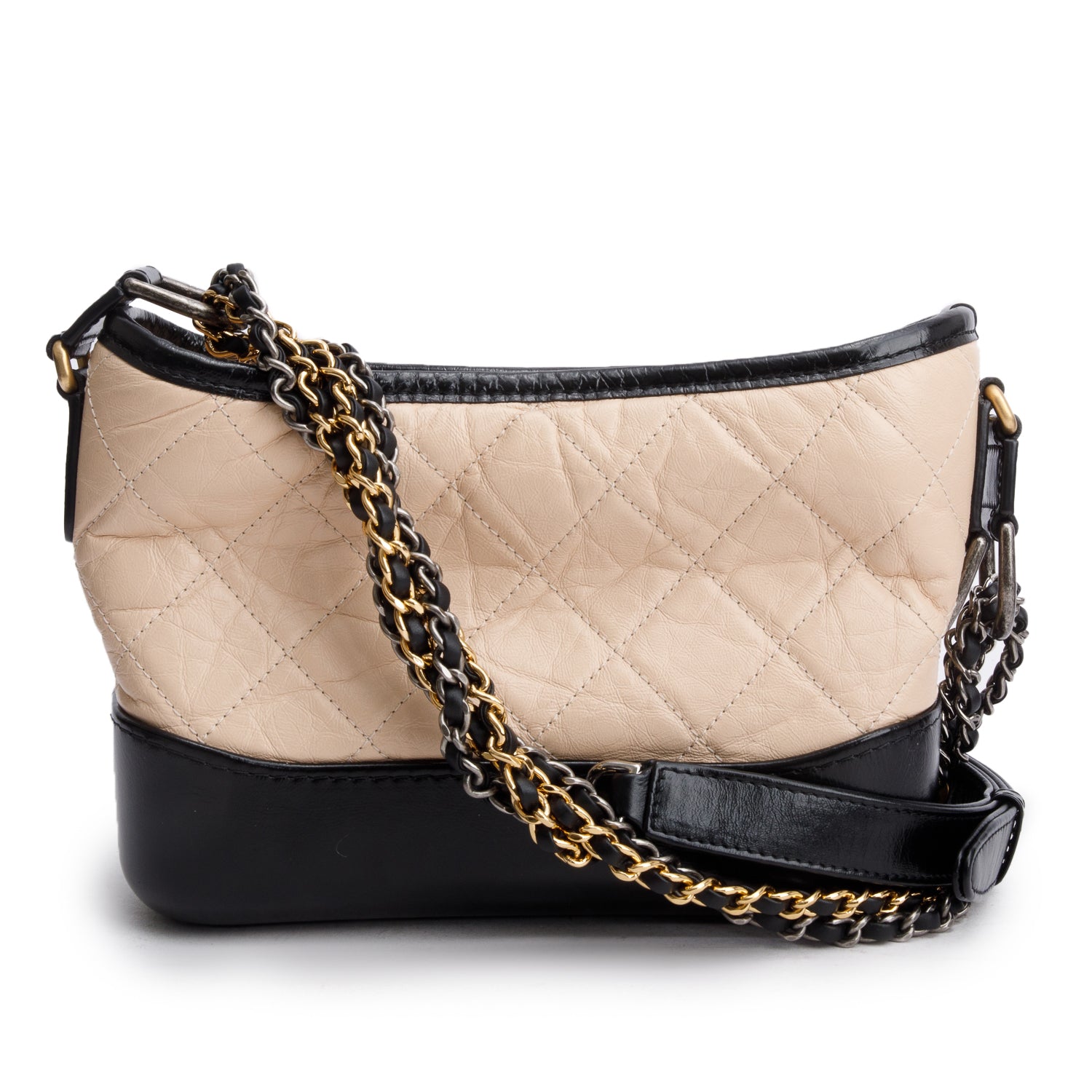 Chanel Black & Beige Aged Calfskin Leather Small Gabrielle Hobo w/ Authenticity Card