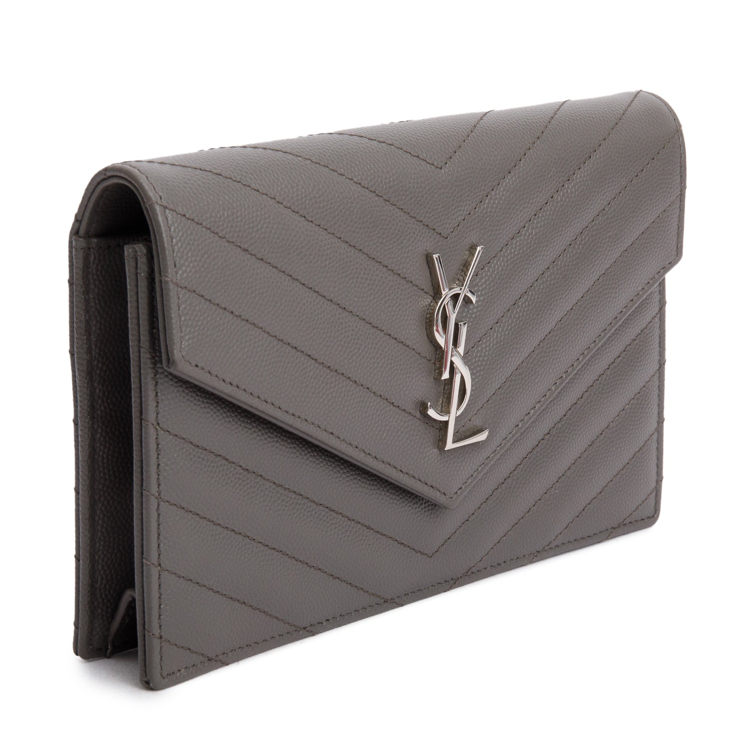 Saint Laurent Grey Cassandre Matelasse Envelope Chain Wallet