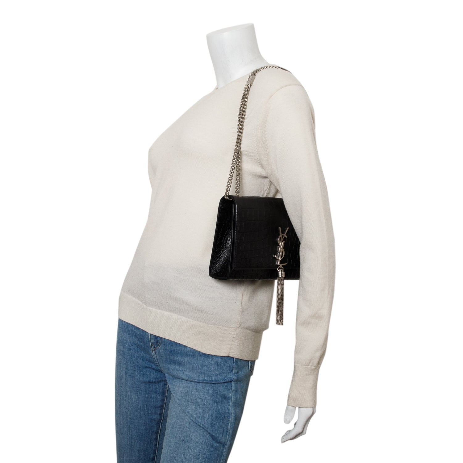 Saint Laurent Black Crocodile-Embossed Leather Medium Classic Monogram Kate Tassel Chain Bag