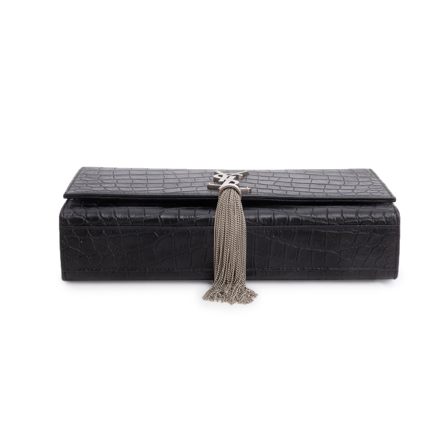 Saint Laurent Black Crocodile-Embossed Leather Medium Classic Monogram Kate Tassel Chain Bag