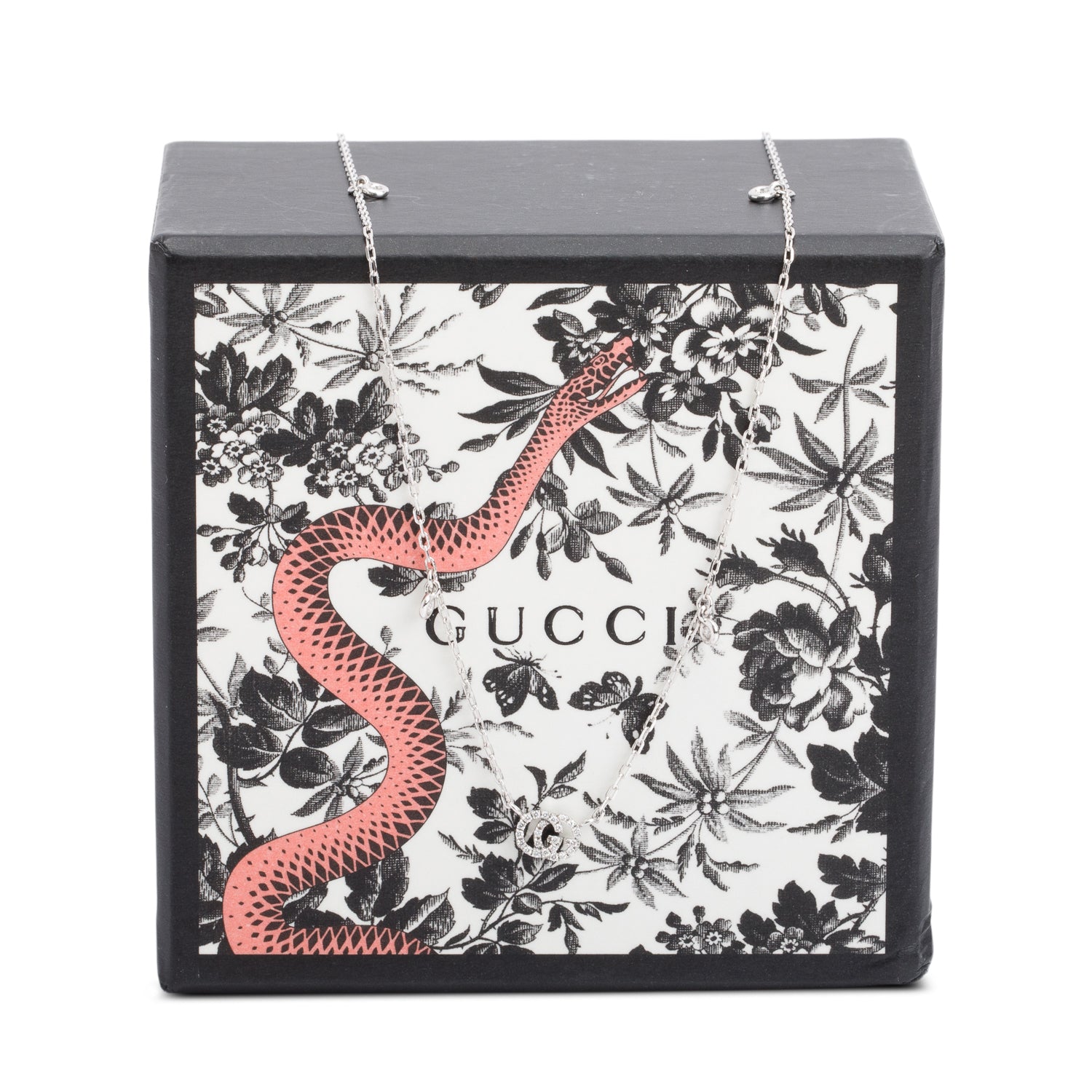 Gucci 18k White Gold Diamond GG Running Necklace w/ Box