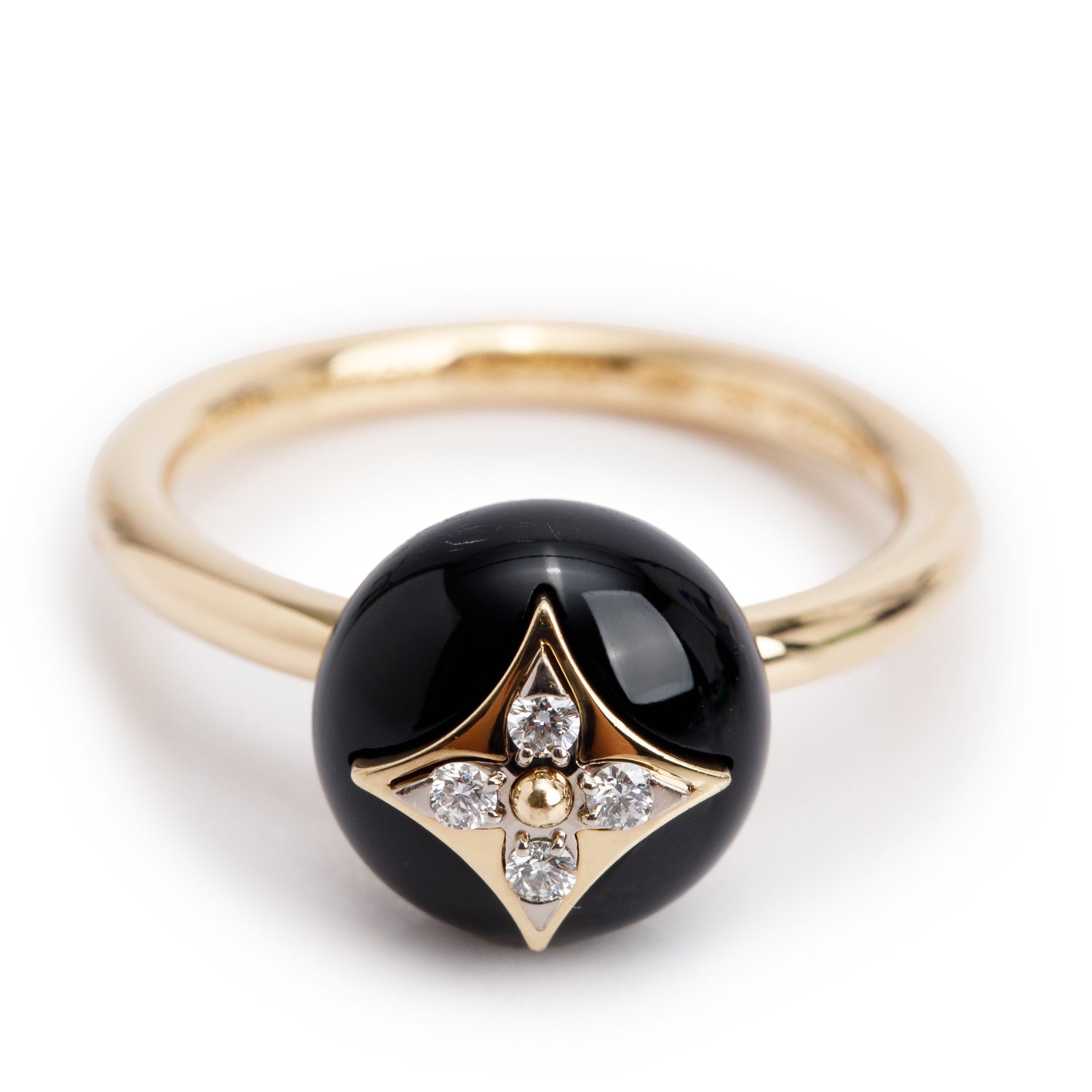 Louis Vuitton 18k Yellow Gold Diamond & Onyx B Blossom Ring, Size 56 7.75 w/ Box