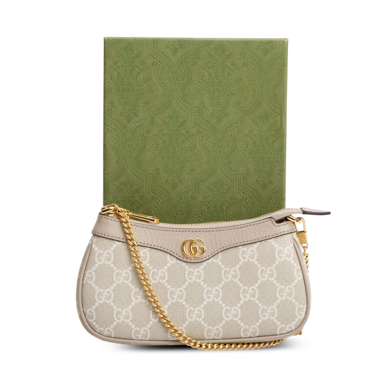 Gucci Beige GG Supreme Monogram Textured Dollar Calfskin Mini Ophidia Chain Bag w/ Box