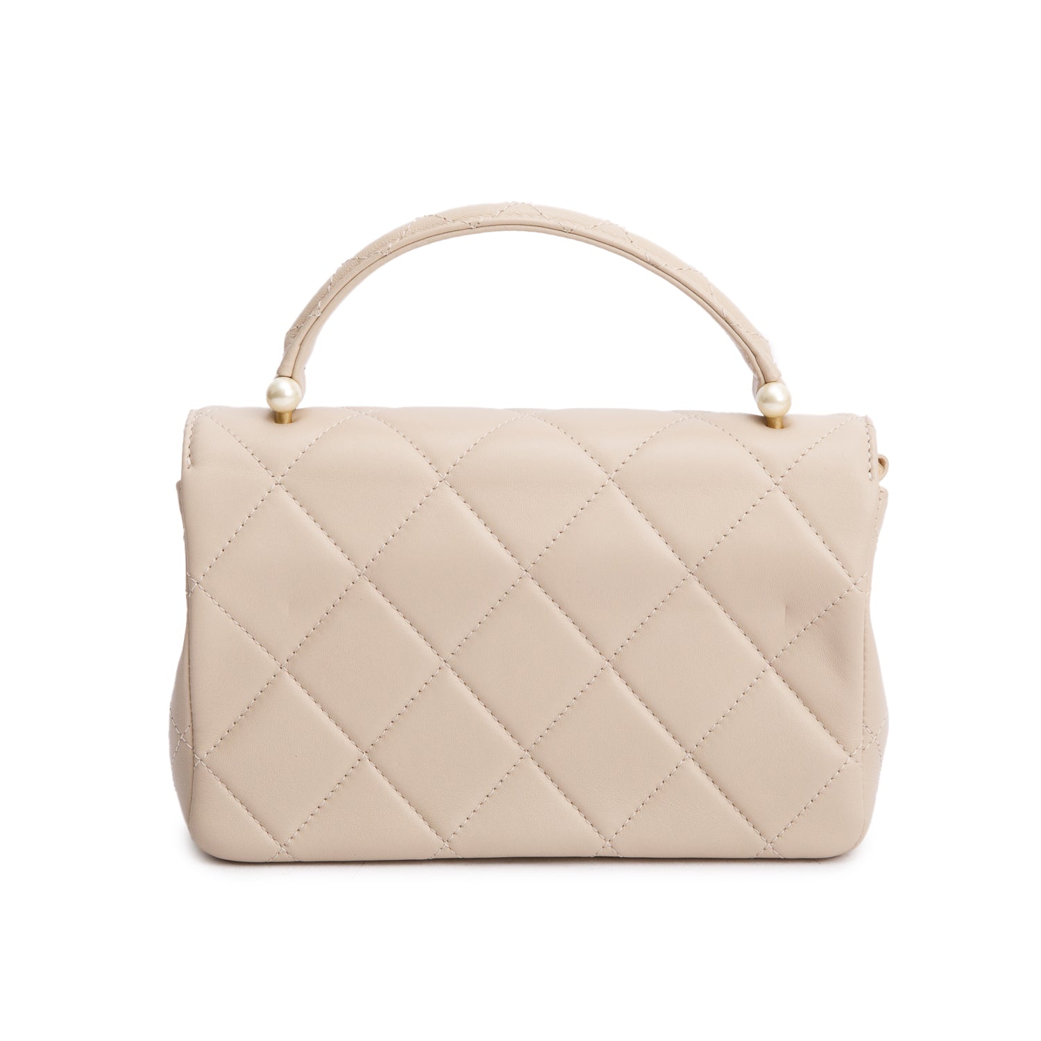 Chanel 2025 Beige Quilted Lambskin Top Handle Flap Pearl Purse w/ Chain