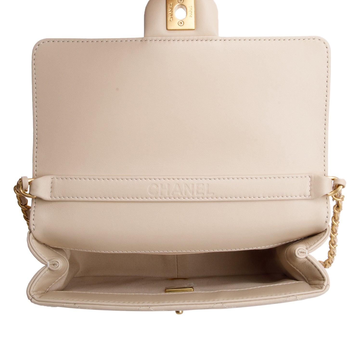 Chanel 2025 Beige Quilted Lambskin Top Handle Flap Pearl Purse w/ Chain