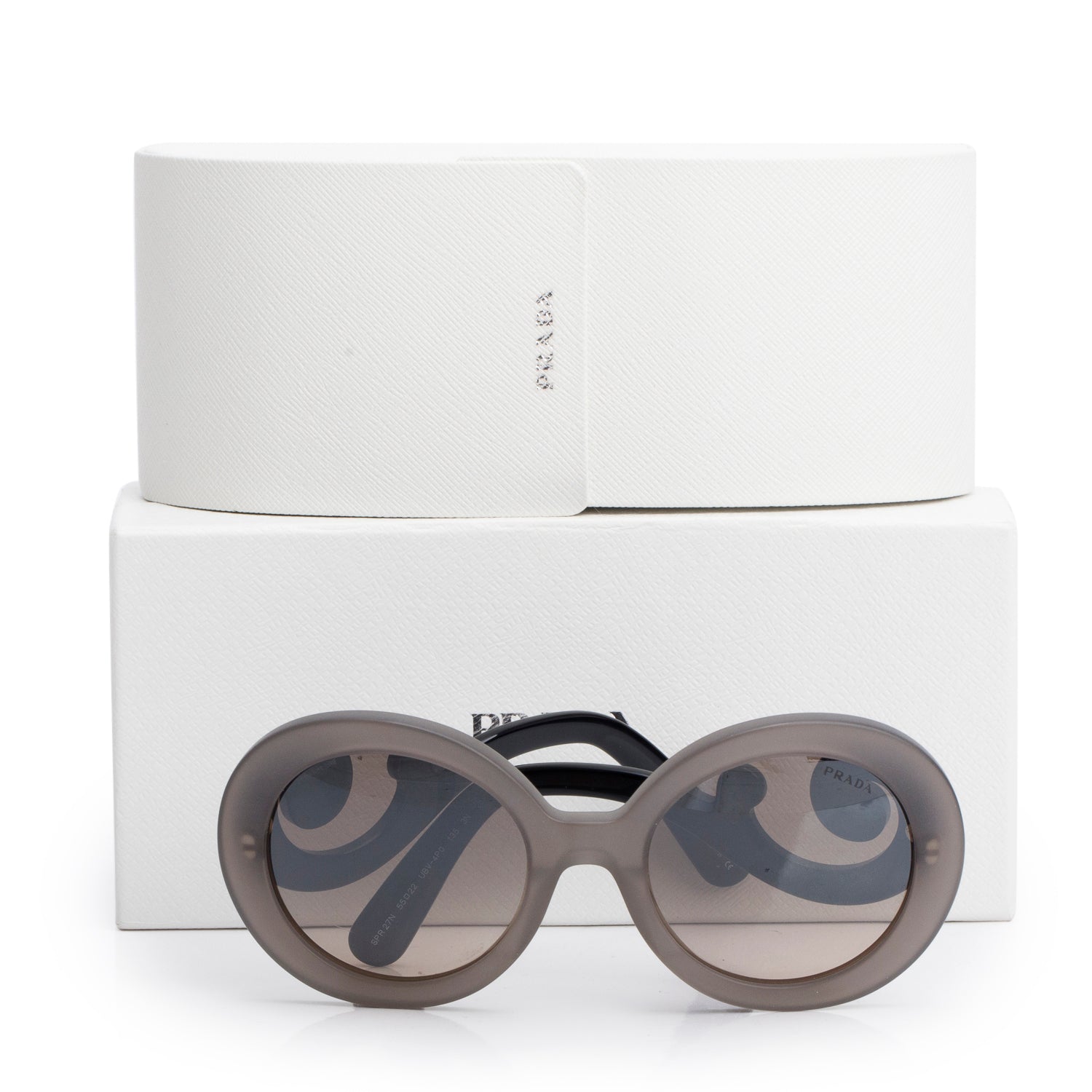 Prada SPR 27N Grey/Black Acetate Baroque Spiral Round Sunglasses w/ Box & Case
