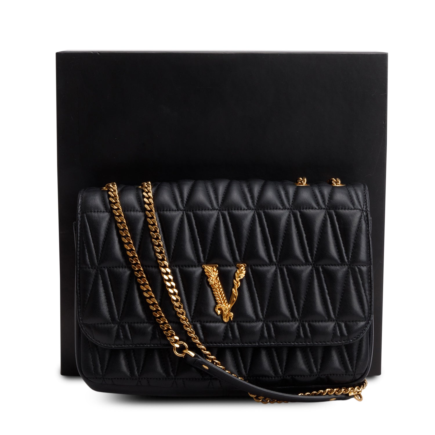 Versace Black Quilted Leather Virtus Shoulder Bag w/ Box