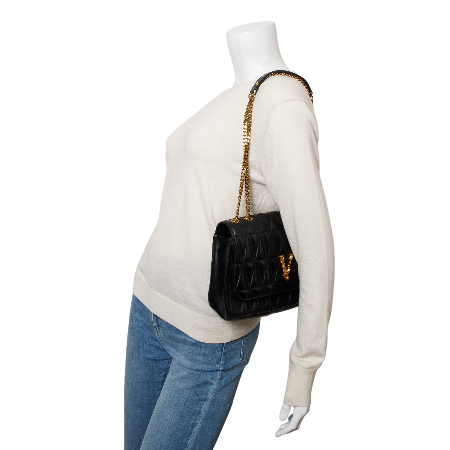 Versace Black Quilted Leather Virtus Shoulder Bag w/ Box