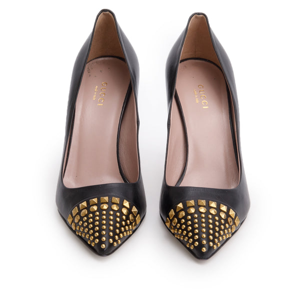 Gucci Black Leather Studded Accent Pointed Toe Pumps, Size 38
