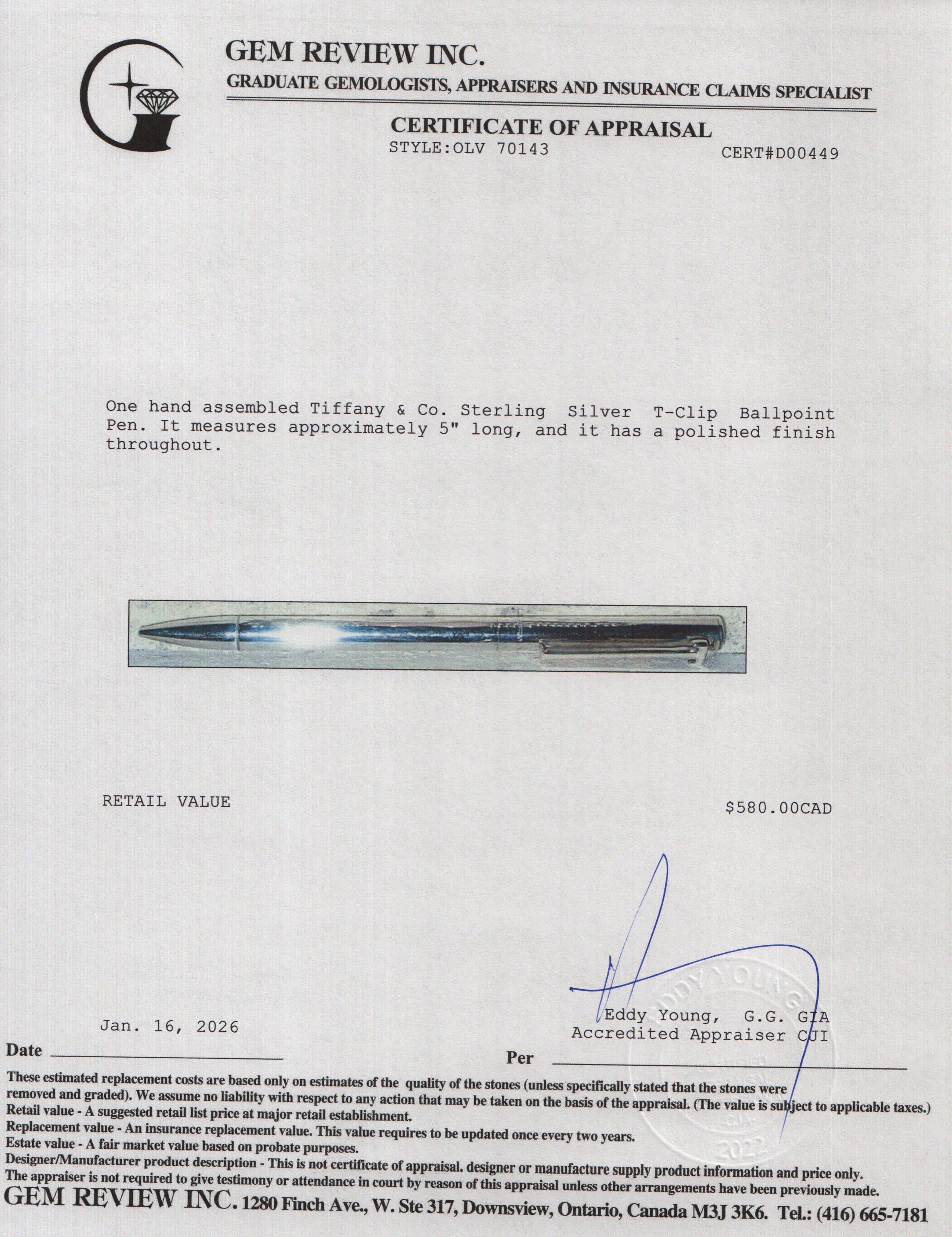 Tiffany & Co. Sterling Silver T-Clip Ballpoint Pen