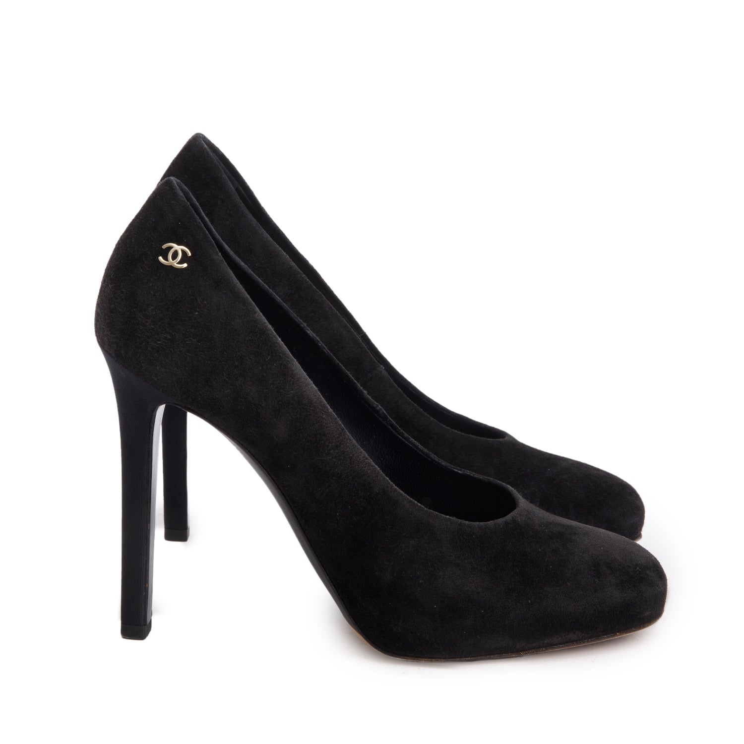 Chanel Black Suede Interlocking CC Heels, Size 36.5
