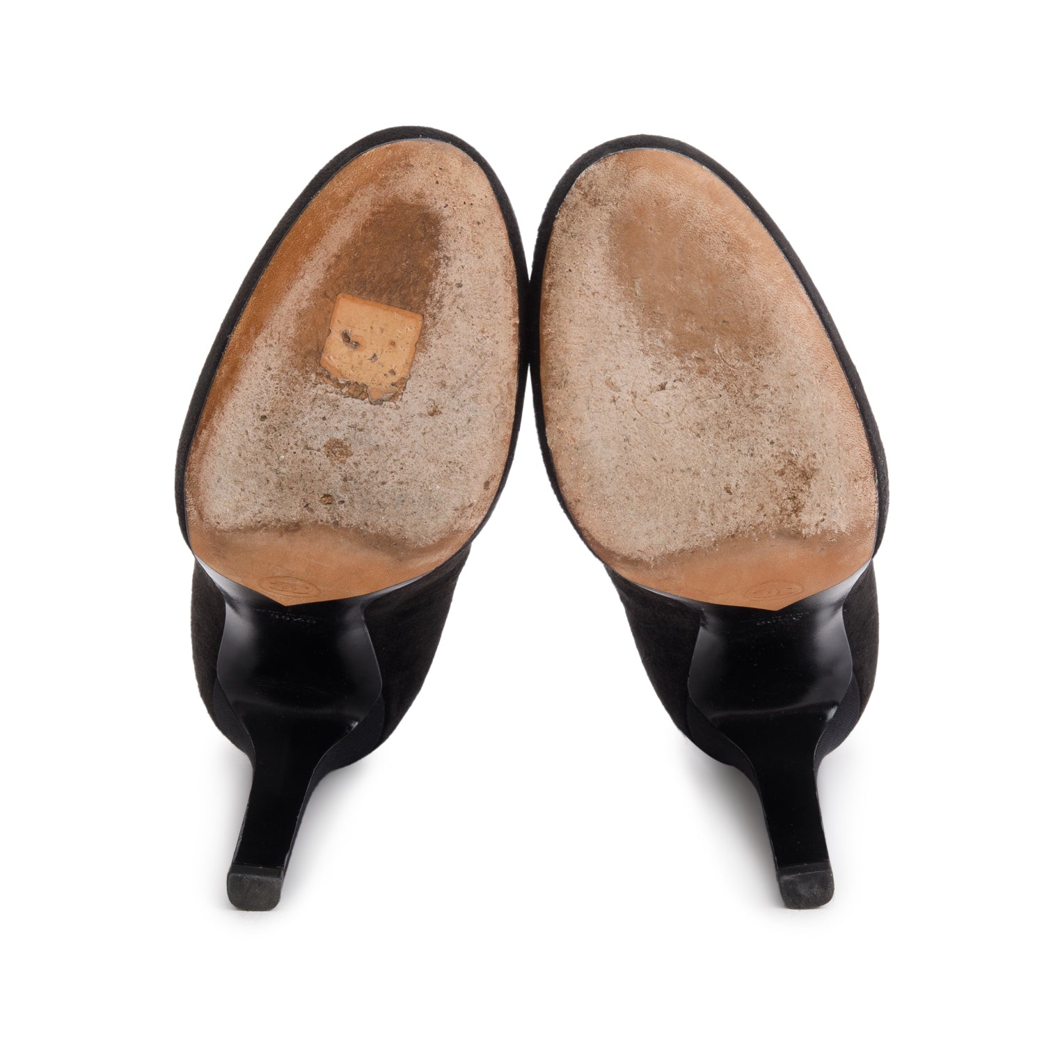 Chanel Black Suede Interlocking CC Heels, Size 36.5