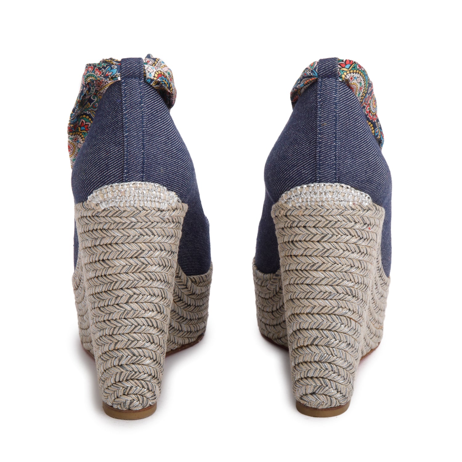 Christian Louboutin Blue Denim/Silver Barbaria Zeppa Espadrilles Wedges 120, Size 36